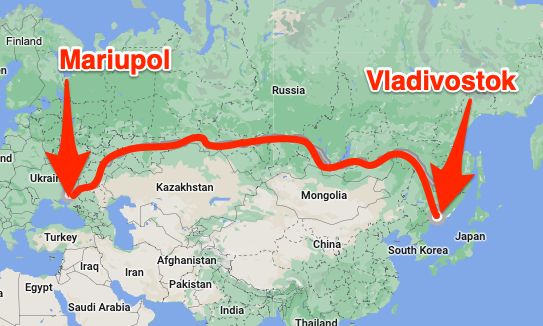De afstand van Vladivostik naar het front in Mariupol. De meer dan 9500 kilometer die sommige Russische troepen vorig jaar moesten afleggen om in Oekraine te vechten. 