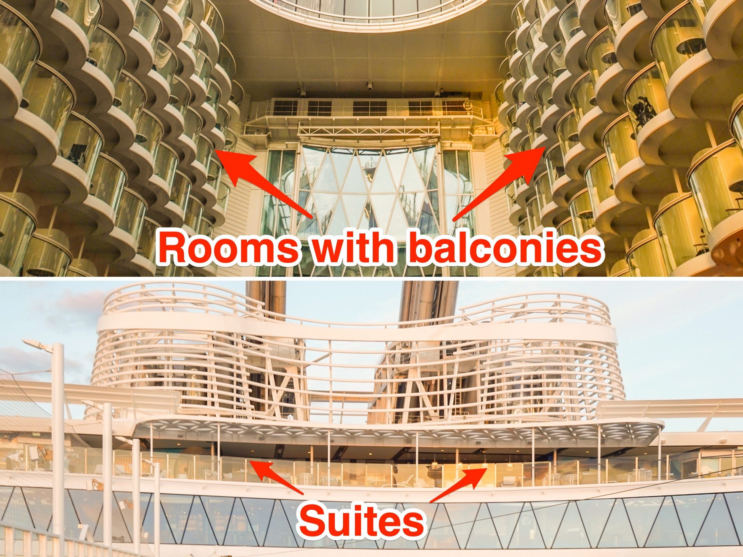 Pijlen wijzen naar kamers met balkon (boven) en kamers met suites (onder) op 's werelds grootste cruiseschip