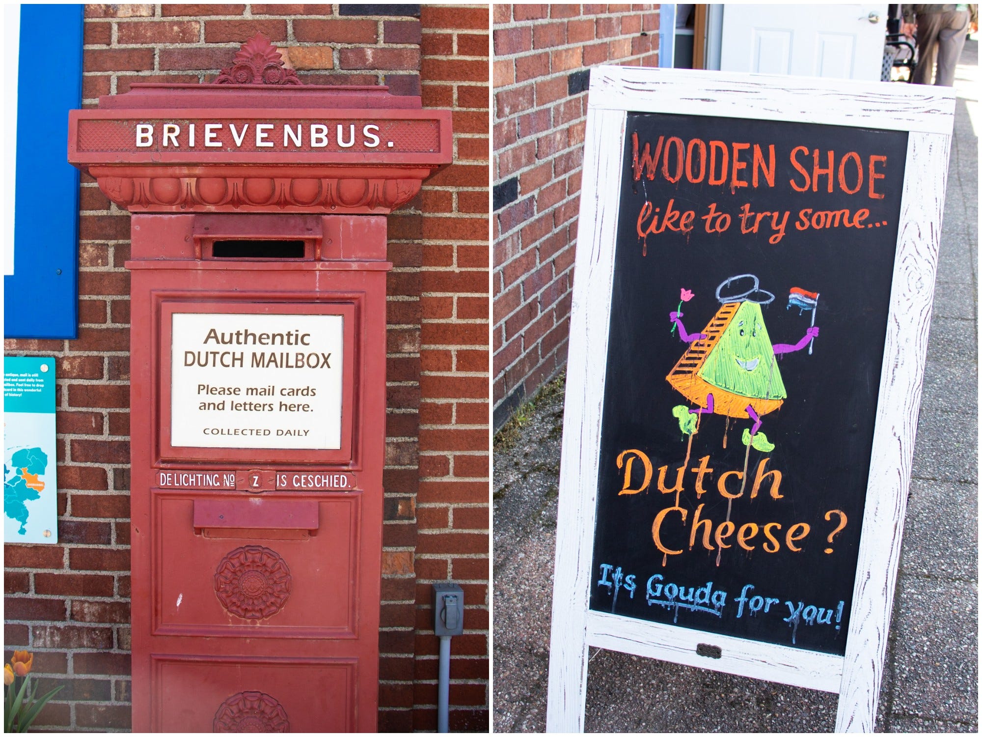 Een antieke Nederlandse brievenbus naast een bord dat Gouda-kaas aanprijst.  