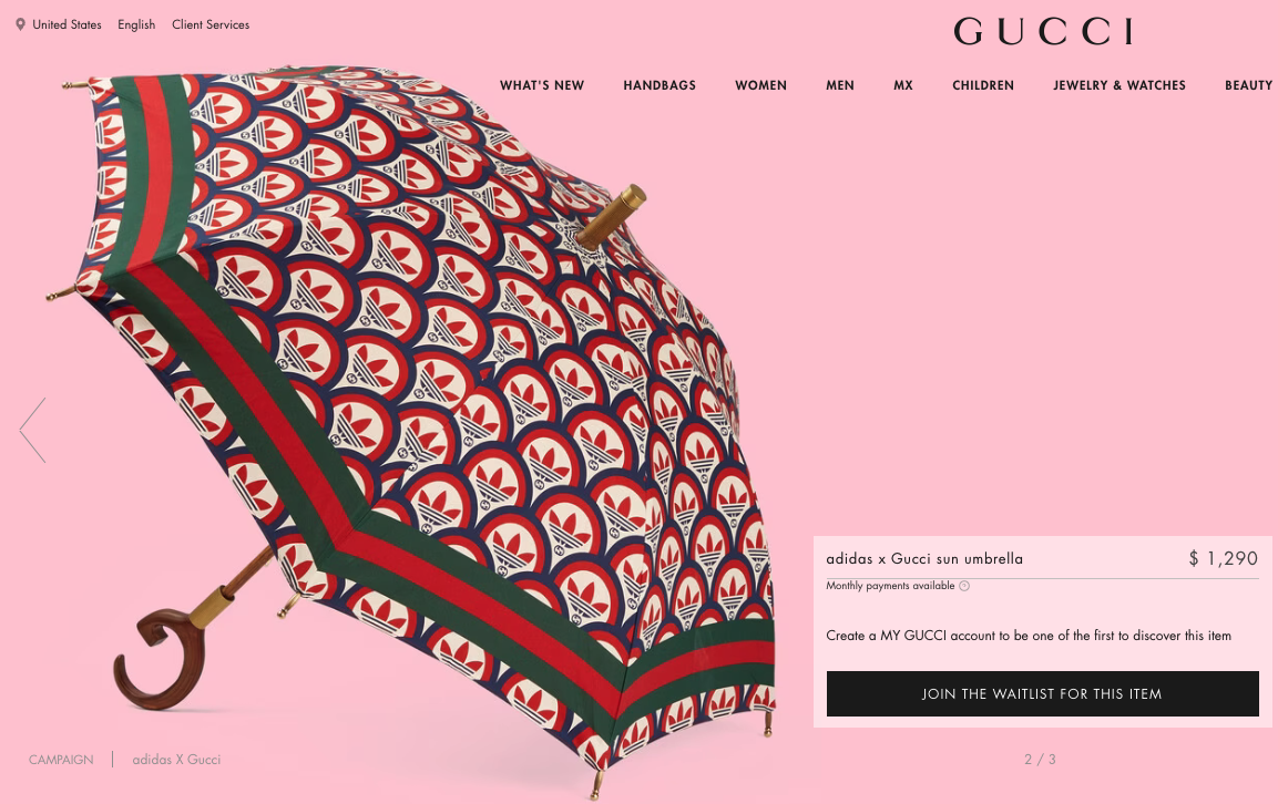 Verantwoordelijk persoon dronken referentie Adidas and Gucci are selling a $1,290 umbrella that is not waterproof