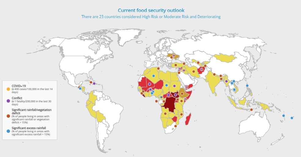 De voedselzekerheid wereldwijd per 23 mei 2022. Bron: Wereldvoedselprogramma van de Verenigde Naties (WPF)