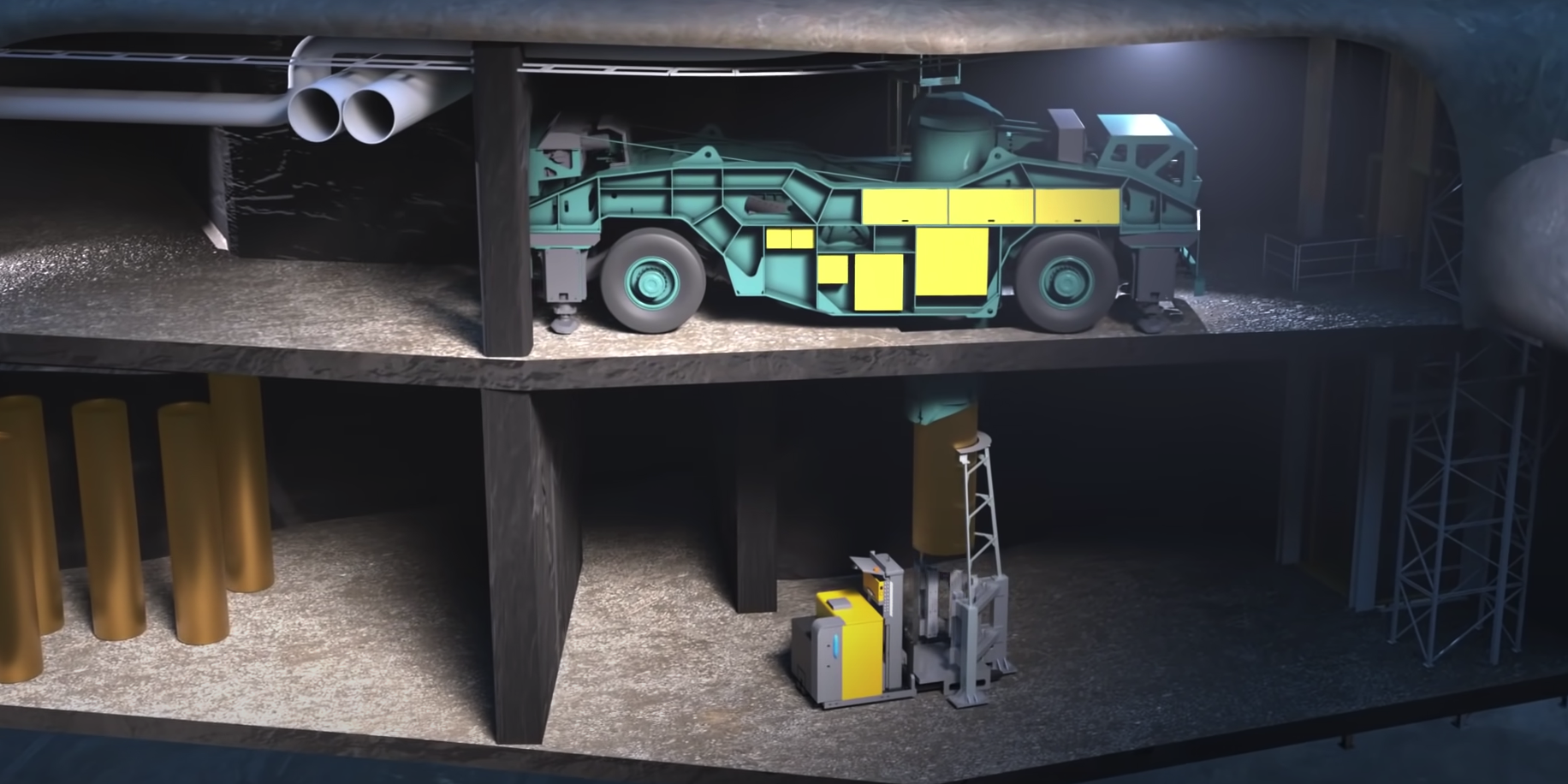 A still from an animation shows the machine that woudl pick up the canister from the storage room at Onkalo.