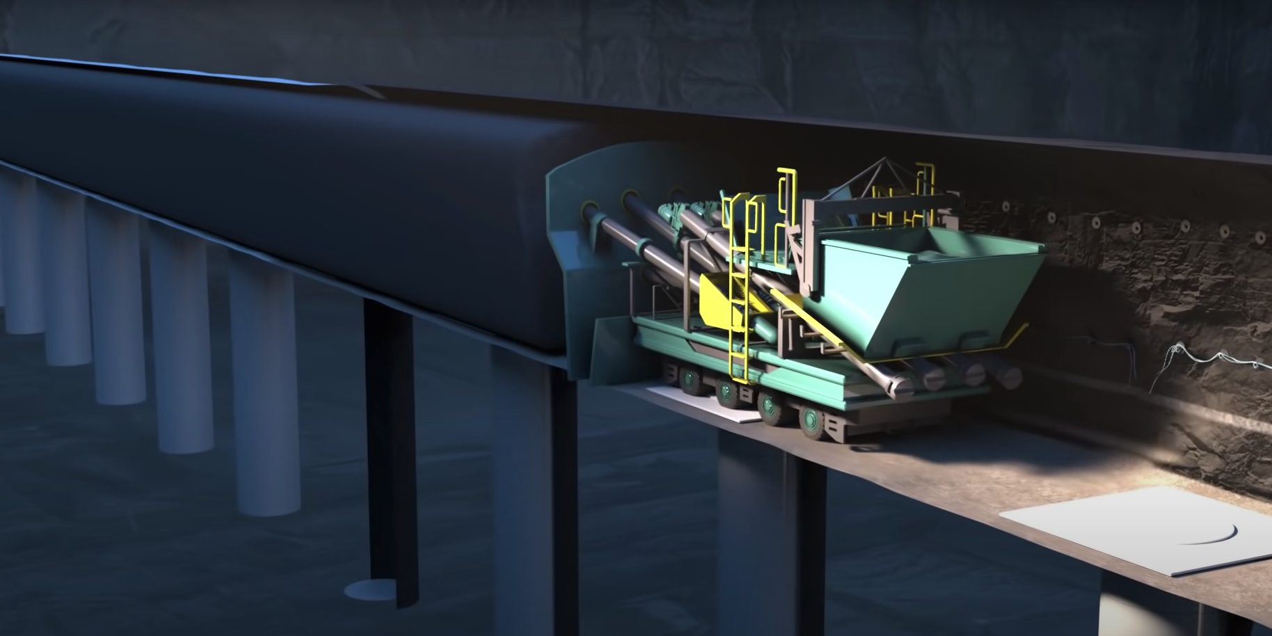 A still from an animation shows the machine filling up the tunnel with bentonite.