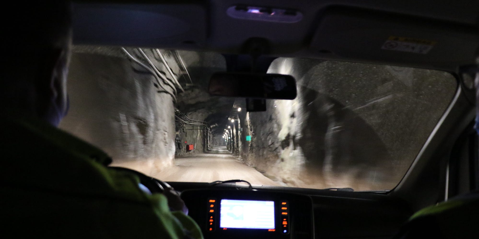 A picture from inside the van shows the tunnels in Onkalo snaking down.