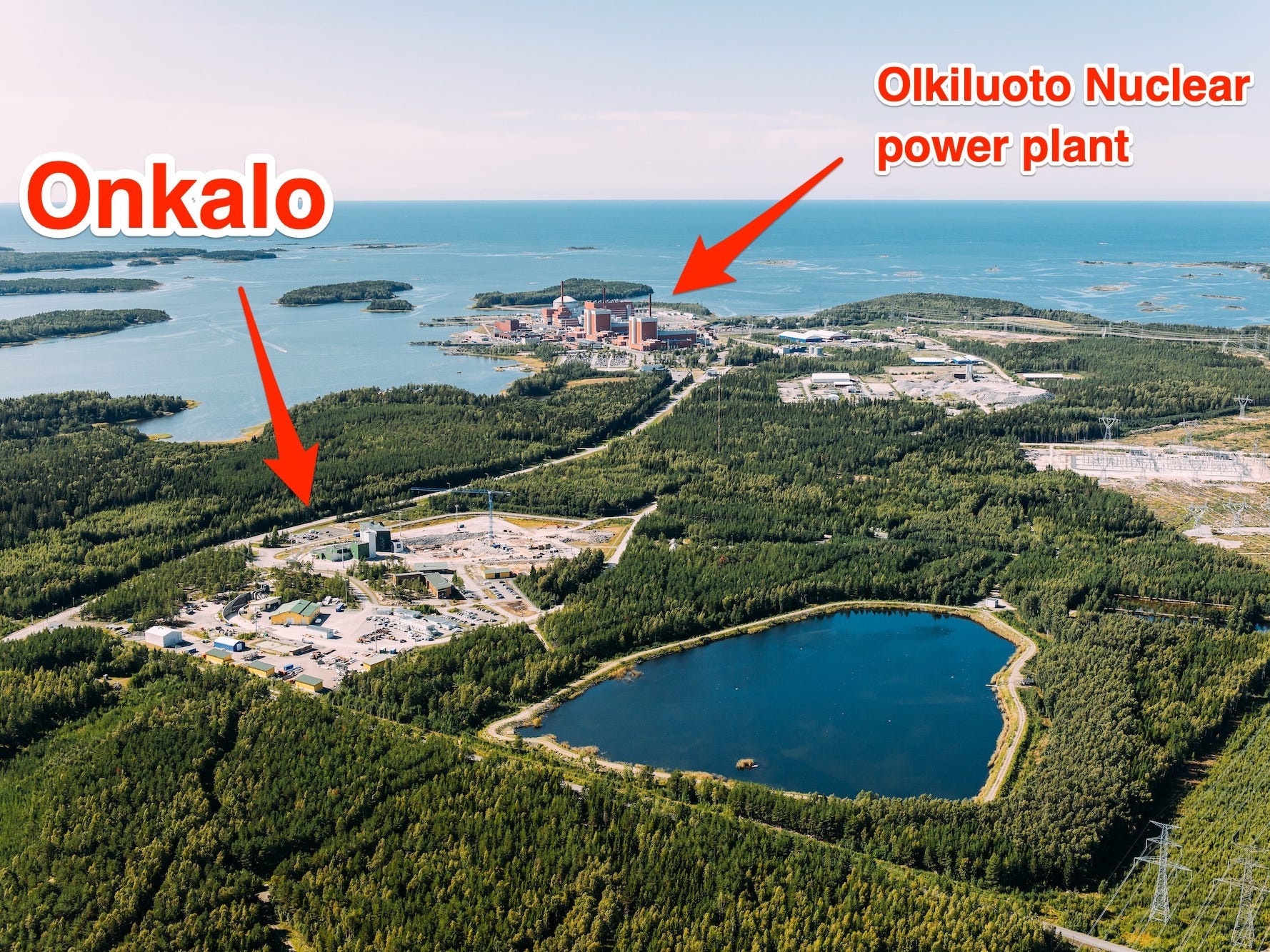 An aerial view of the site is annotated to show the location of the Olkiluoto nuclear power plant and of Onkalo.