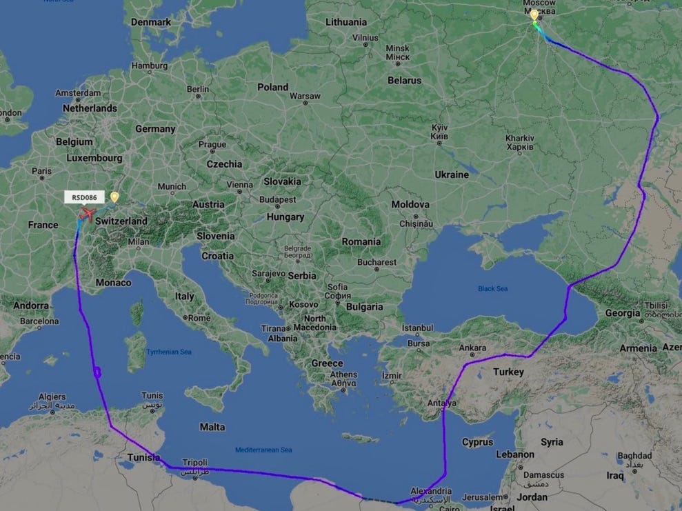 A Russian aircraft flew 9 hours between Moscow and Switzerland