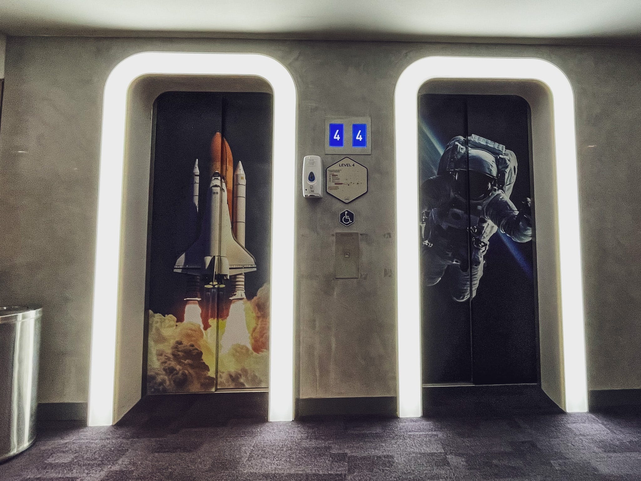 Space-themed elevators.