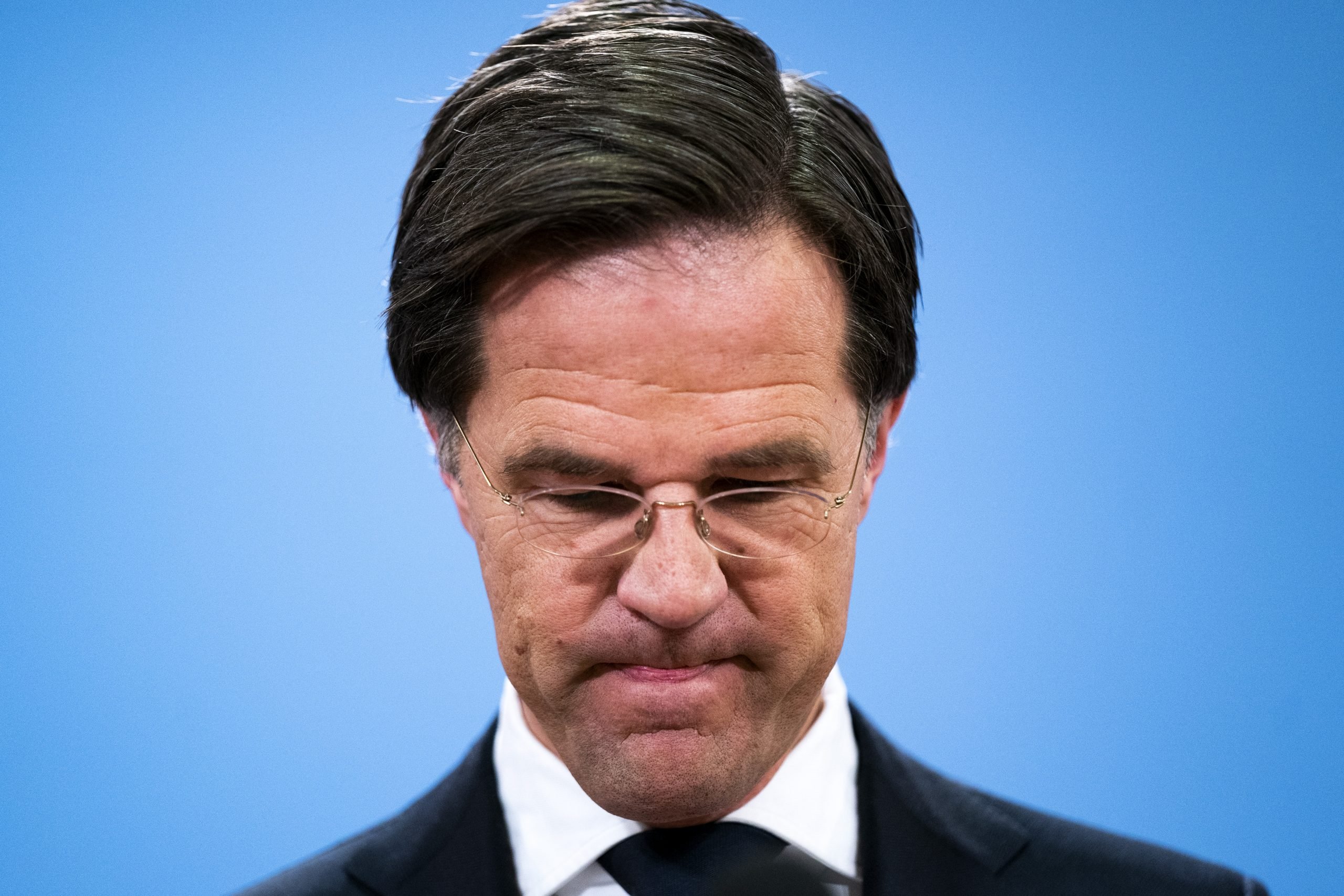 Mark Rutte tijdens de persconferentie in januari 2021 waarin hij een toelichting gaf op het aftreden van zijn kabinet vanwege de toeslagenaffaire. Foto: ANP/Bart Maat
