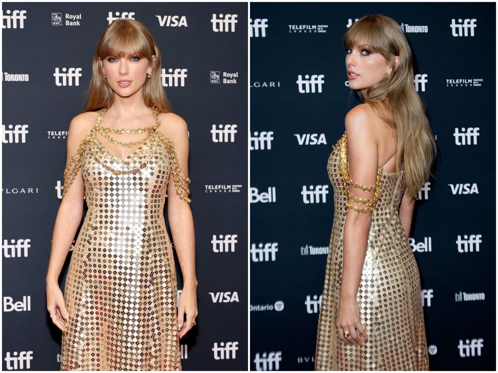 Taylor Swift Dazzled In A Gold Sequin Gown With Layers Of Chains On The Toronto Film Festival 5137