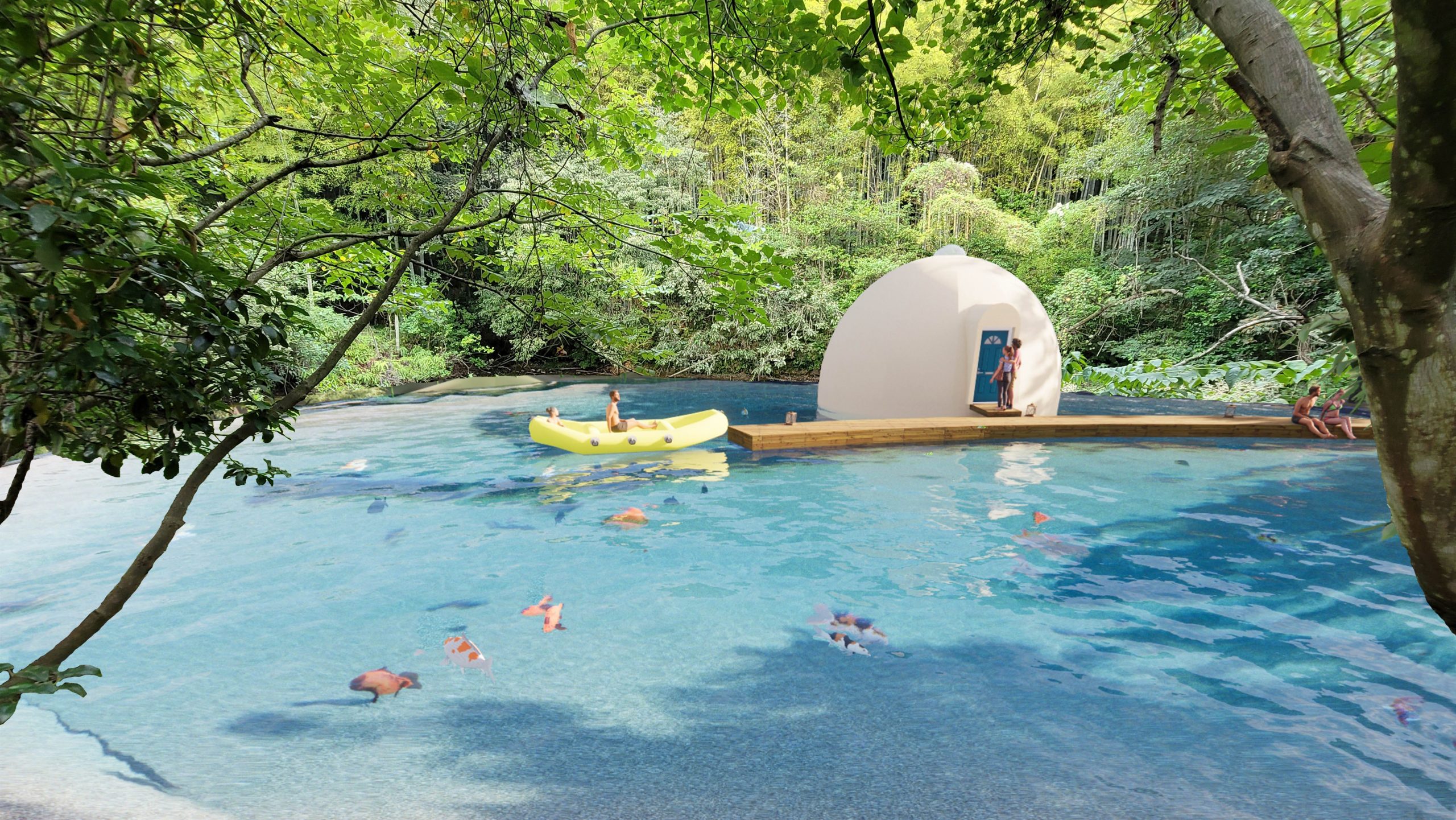 Dome-House Floating in a Koi Fish Pond by Iacopo T for Airbnb OMG! Fund