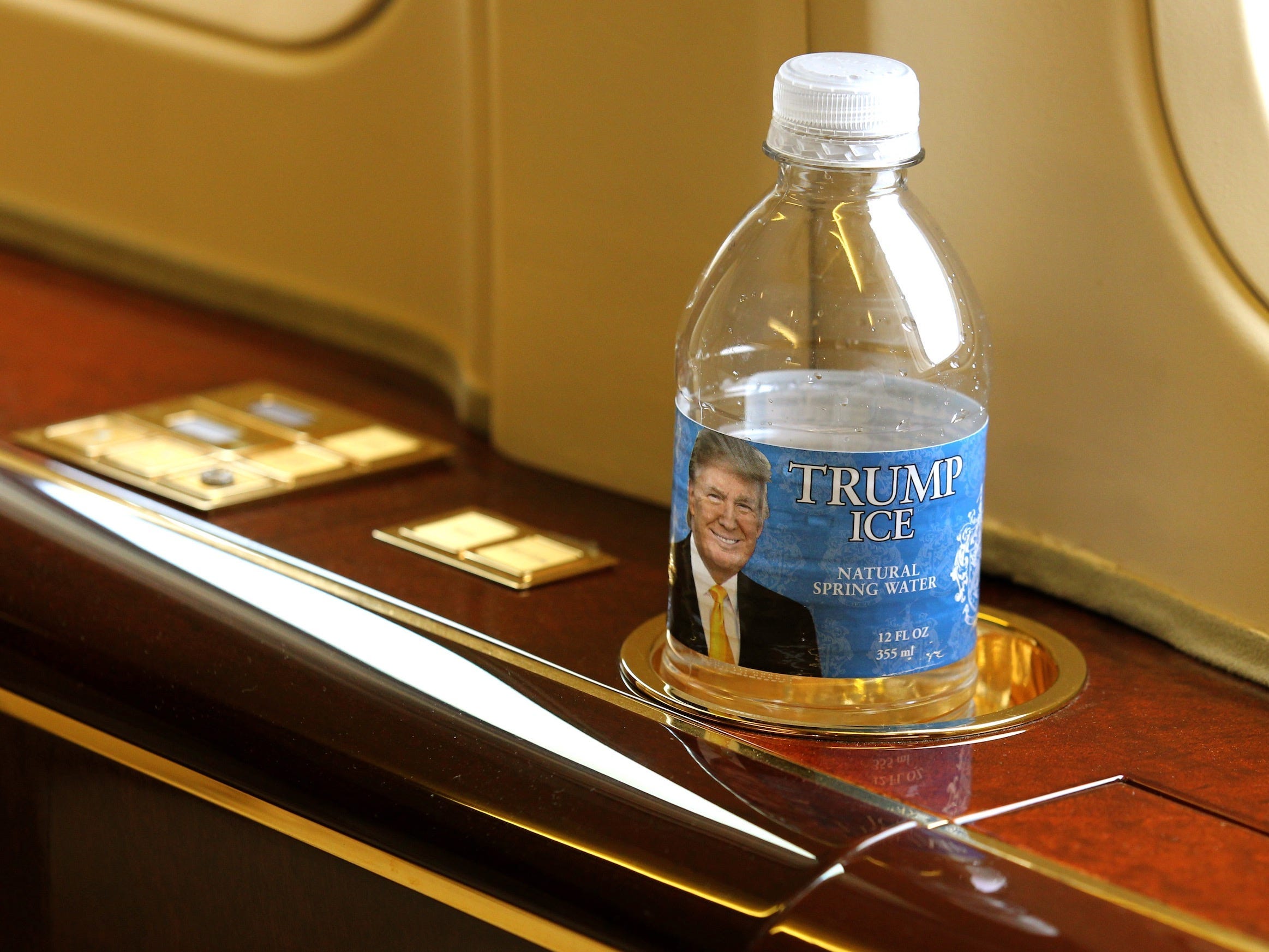 Trump-branded water bottle on the 757.