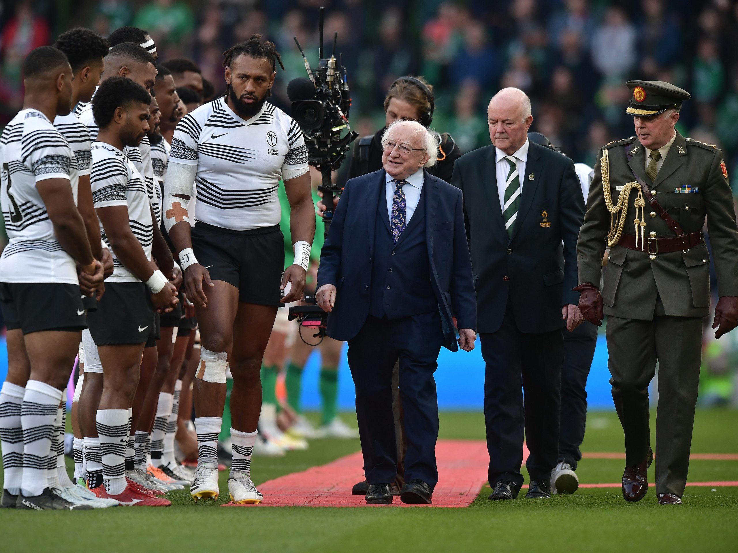 DUBLIN, IRELAND - NOVEMBER 12: Ireland president Michael D Higgins greets the teams before the Autumn International match between Ireland and Fiji at Aviva Stadium on November 12, 2022 in Dublin, Dublin. (Photo by Charles McQuillan/Getty Images)