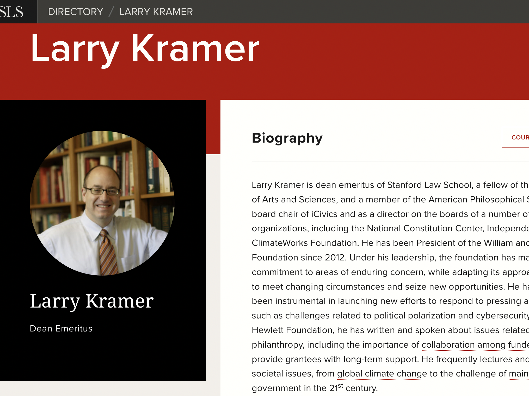 Stanford Law School bio page and picture for former dean Larry Kramer