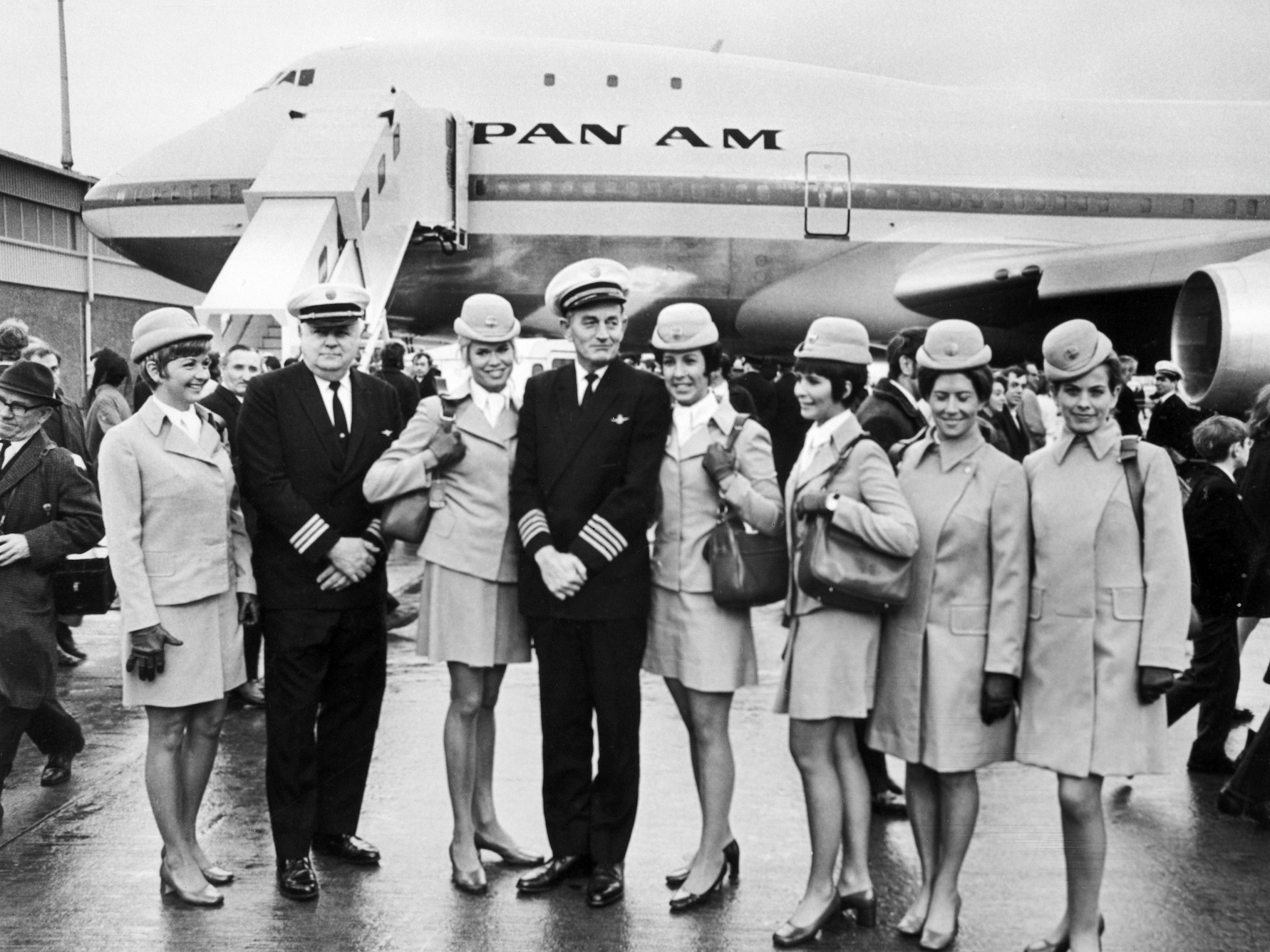 The flight crew after the first Pan Am 747 flight from New York to London Heathrow in 1970.