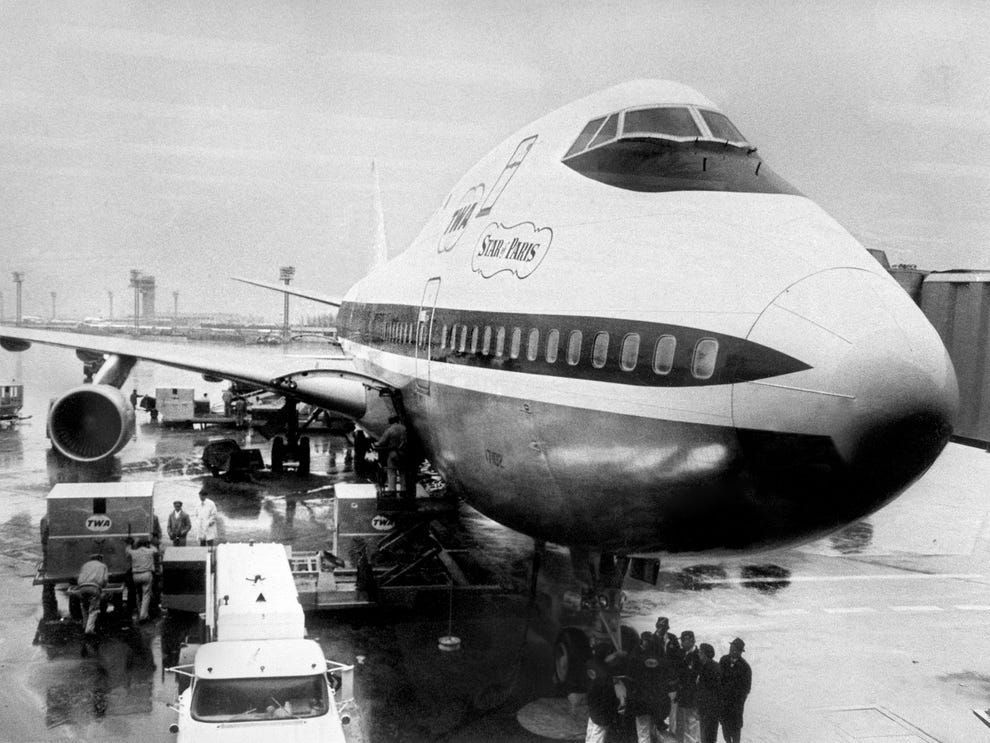 The TWA &#34;Star of Paris&#34; Boeing 747 after it landed at Orly airport in 1970.