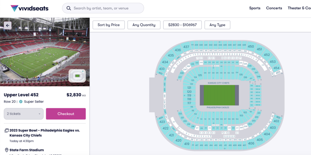 SUPER BOWL LVII TICKET PRICE SEATING CHART POSTER