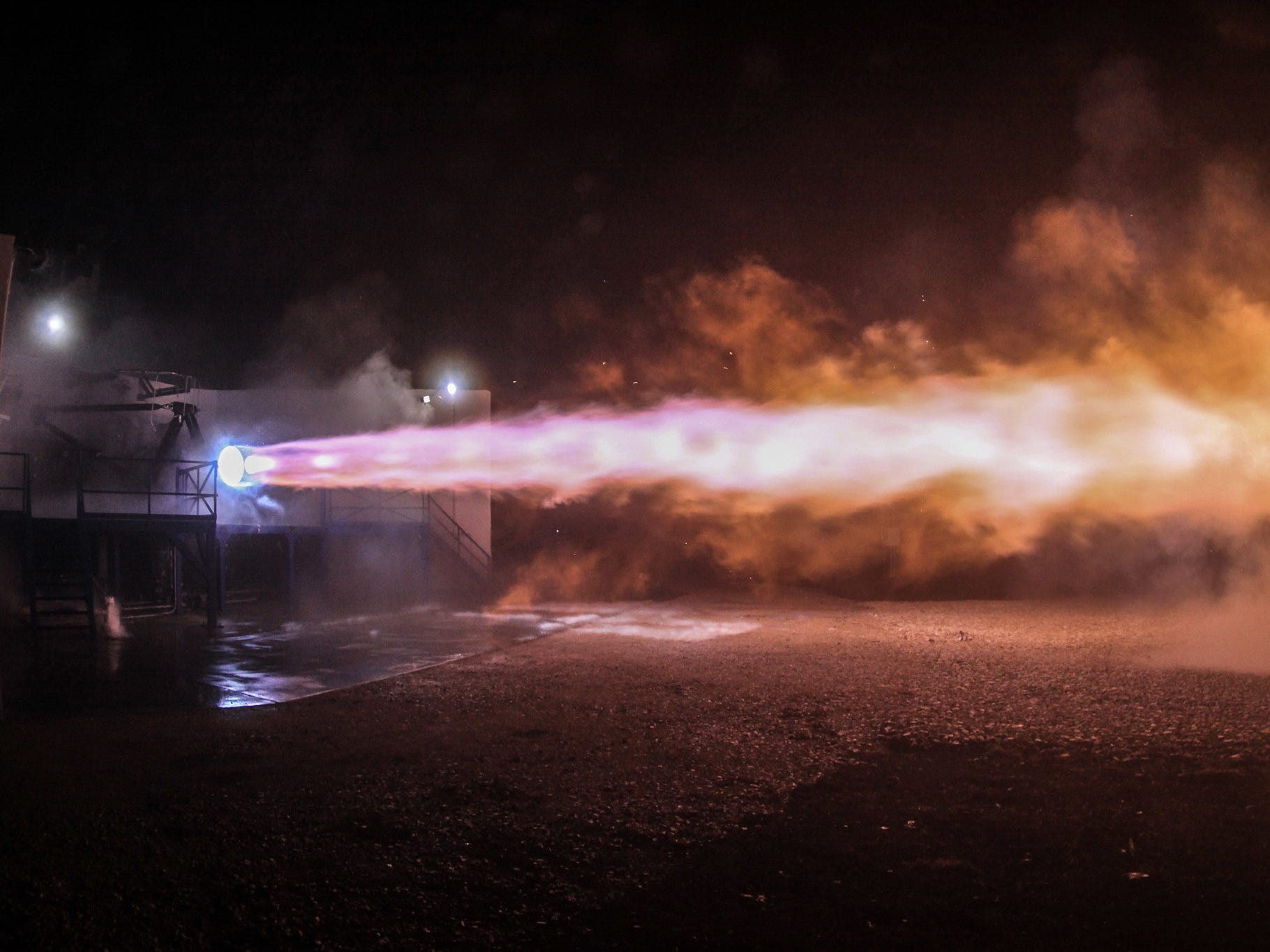 Starship testing its Raptor engine. It&#39;s letting off a powerful stream of flames.