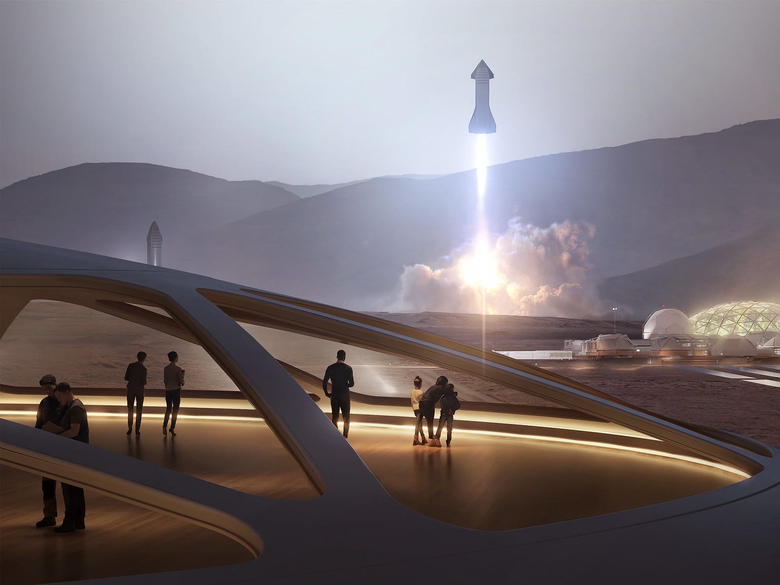 An artist&#39;s rendering shows a Starship blasting off from Mars, next to colonies of humans, in a theoretical future.