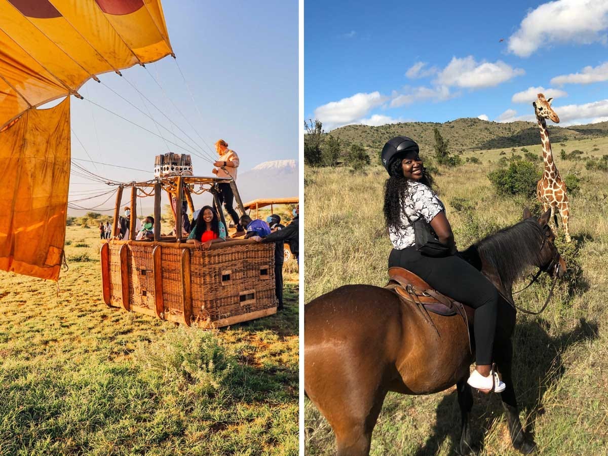 Side by side images of people in a hot air balloon on the ground ready to liftoff, and a woman on a horse in front of a giraffe.