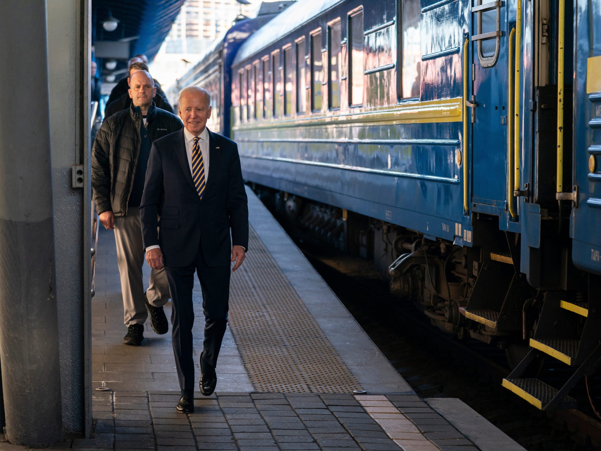 President Joe Biden arrives for a surprise visit with Ukrainian President Volodymyr Zelenskyy, Monday, Feb. 20, 2023, in Kyiv.