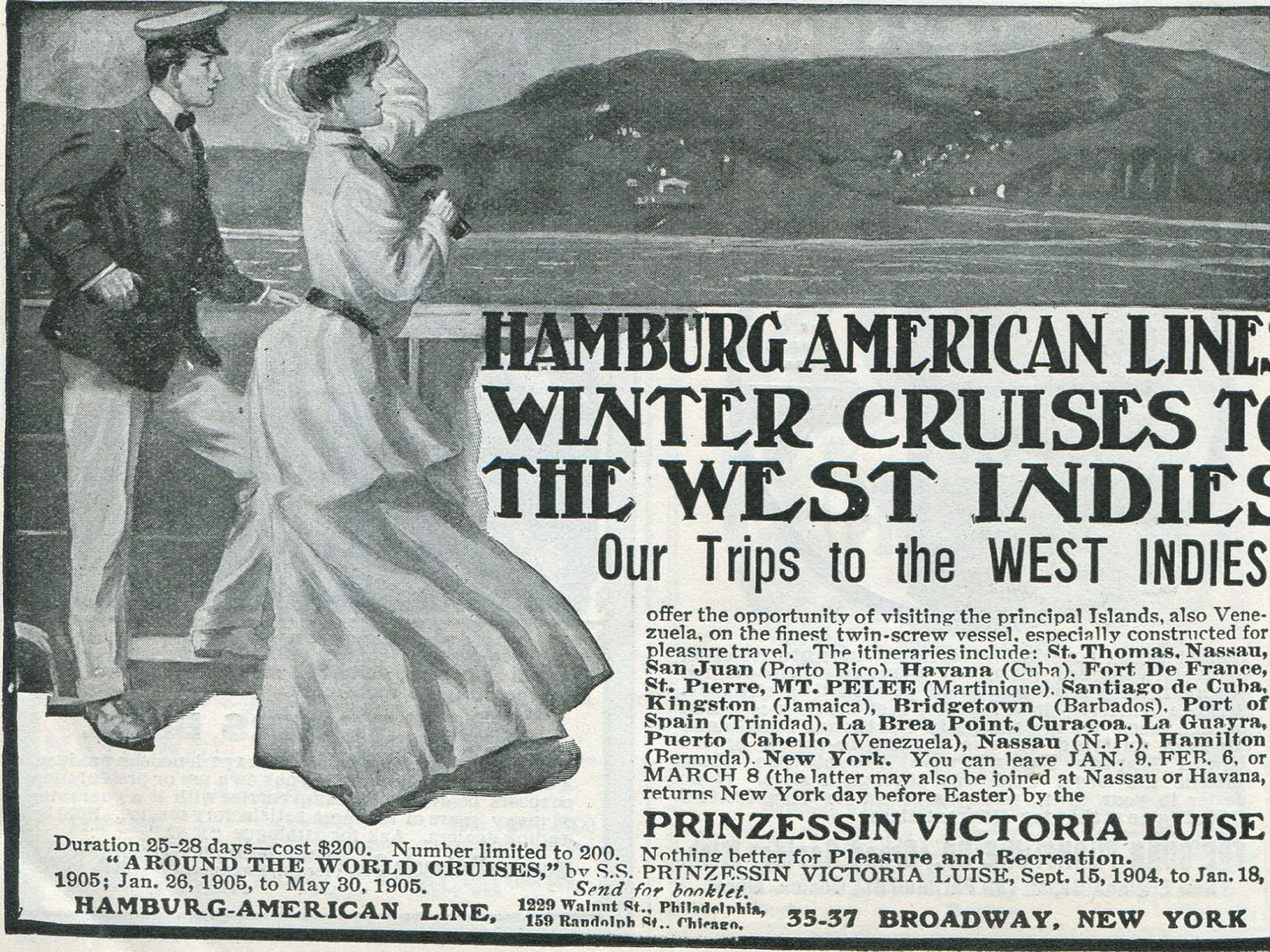 Advertisement for tours and cruises to the West Indies by the Hamburg American Line, New York, 1903.