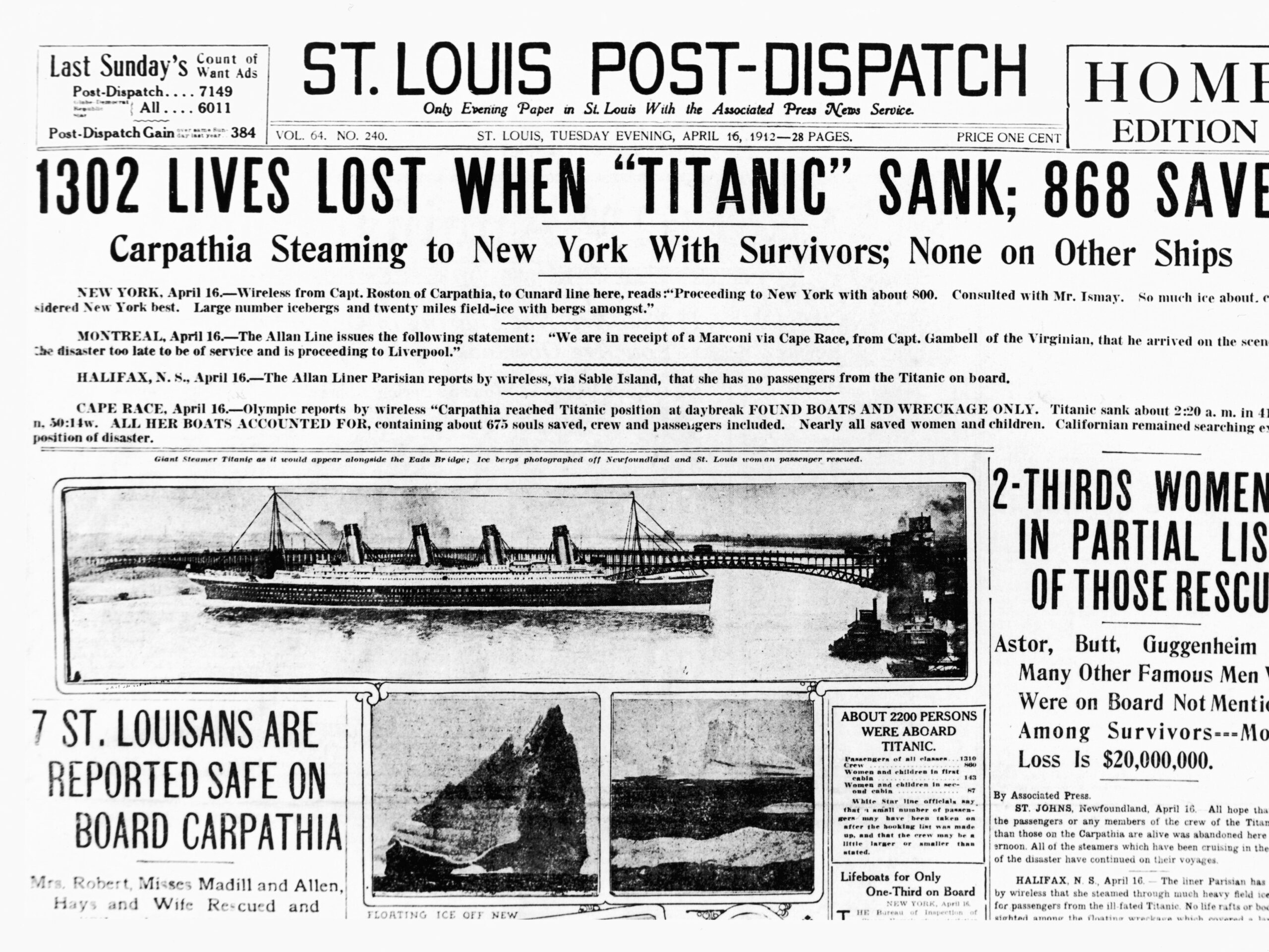 The front page of the St.Louis Post-Dispatch of 16th April 1912.