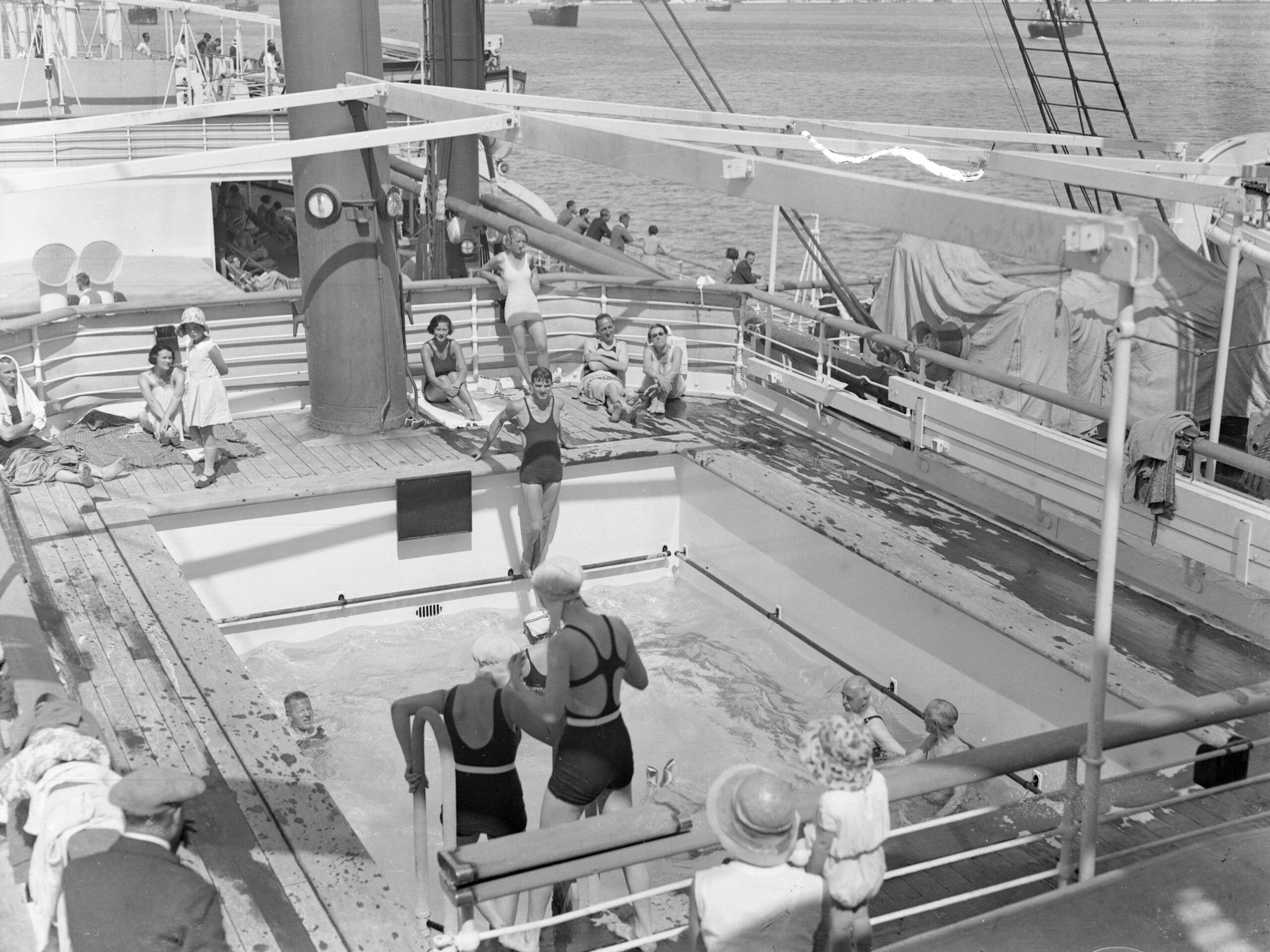 Passengers making use of the swimming pool on board the luxury Orient liner Orontes.
