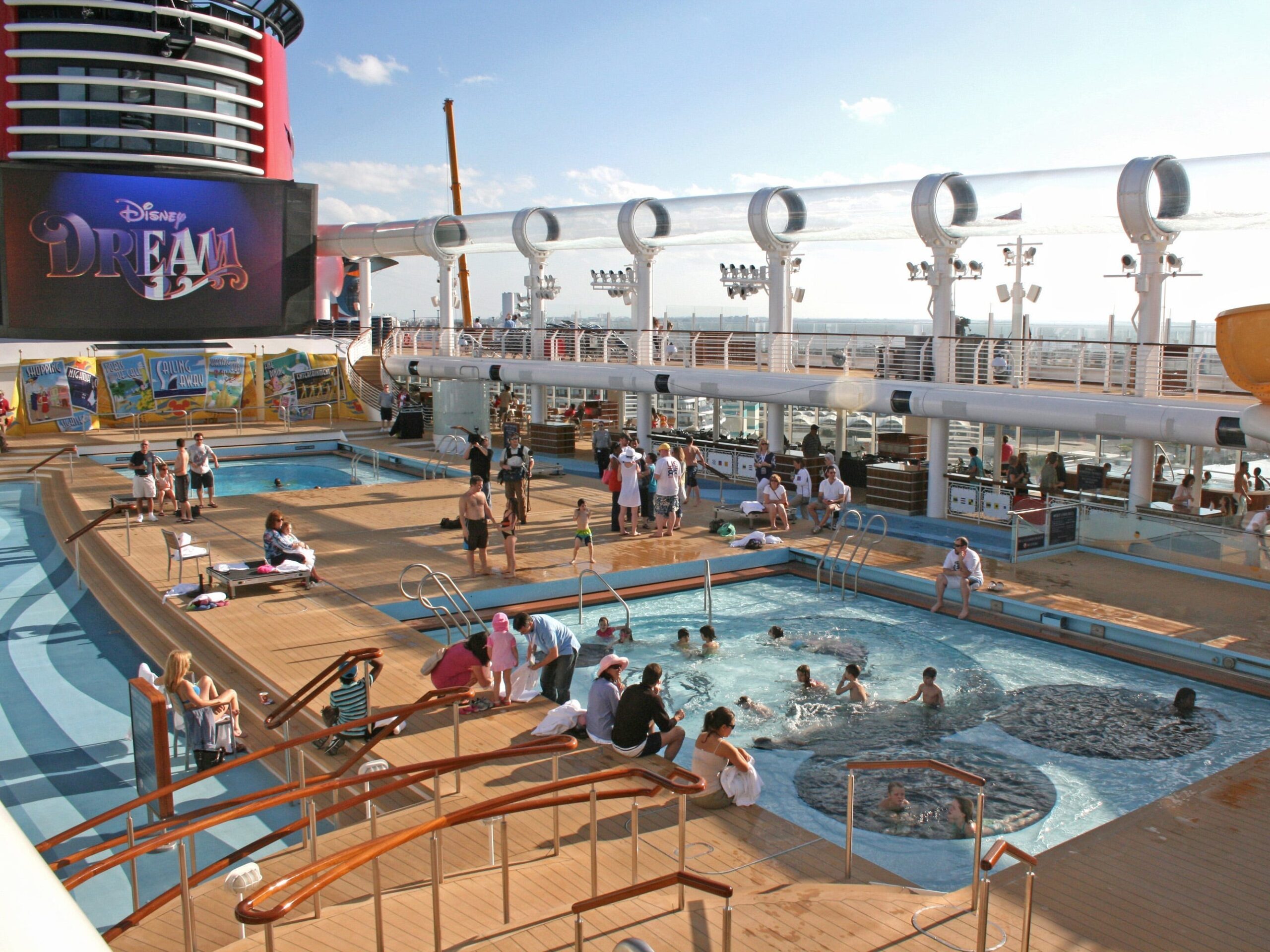 The Mickey Mouse Pool is one of the options available for water activities on the pool deck of the Disney Dream cruise ship.