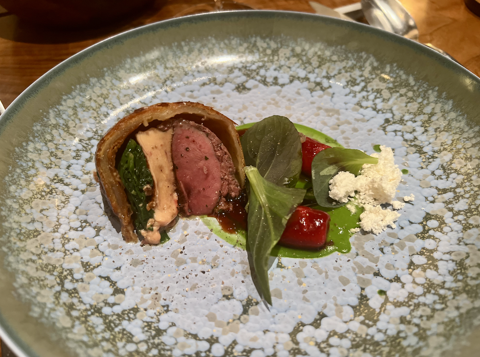 Flying on La Compagnie all-business class airline from Paris to New York &mdash; a pigeon dish made at David Toutain's restaurant in Paris.