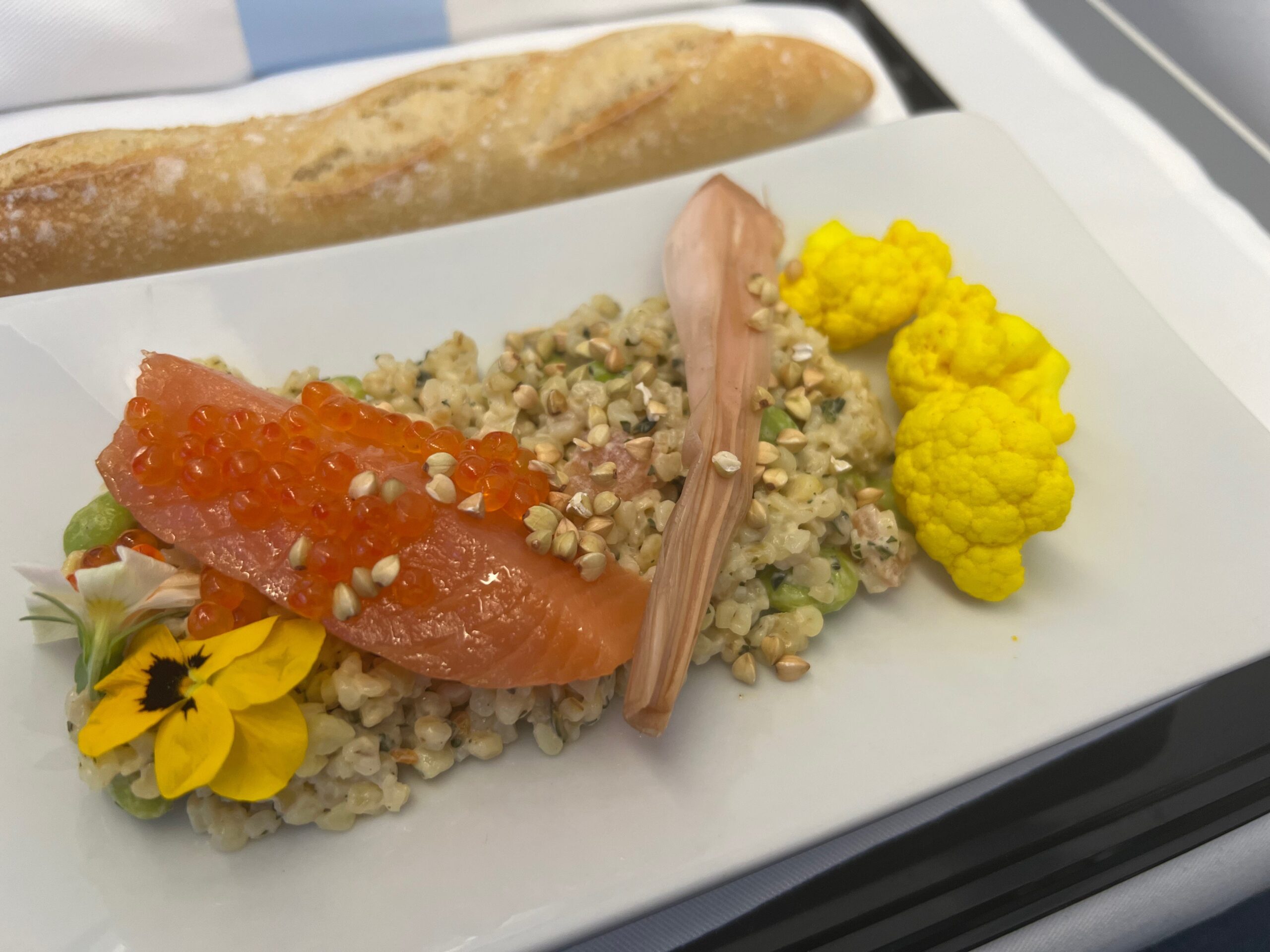 Flying on La Compagnie all-business class airline from Paris to New York &mdash; the salmon salad.