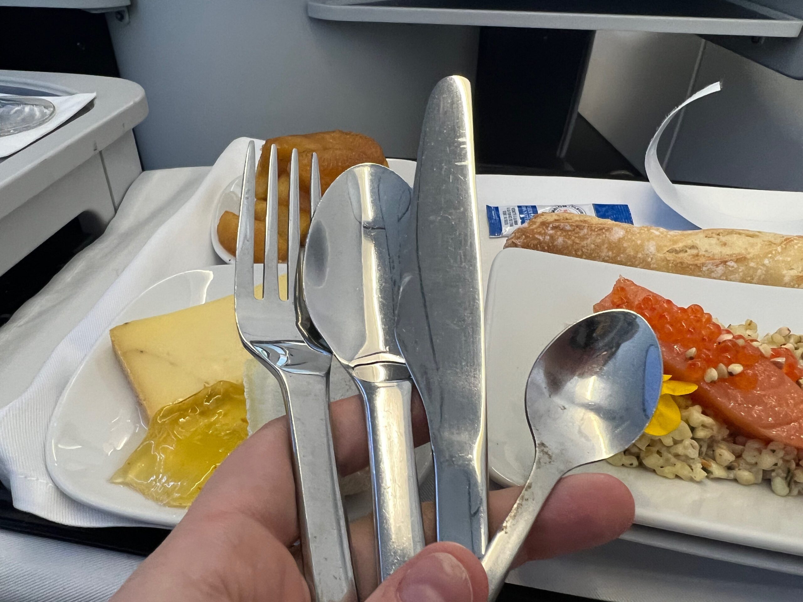 Flying on La Compagnie all-business class airline from Paris to New York &mdash; silverware.