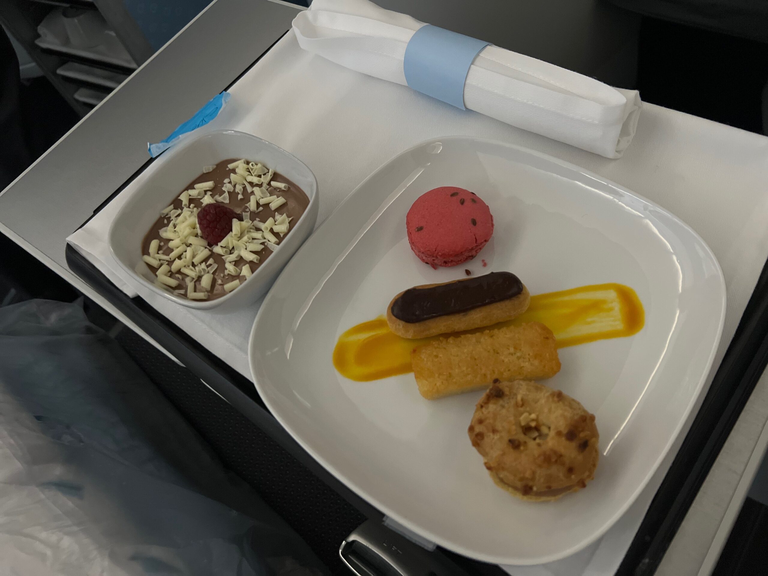 Flying on La Compagnie all-business class airline from Paris to New York &mdash; dessert.