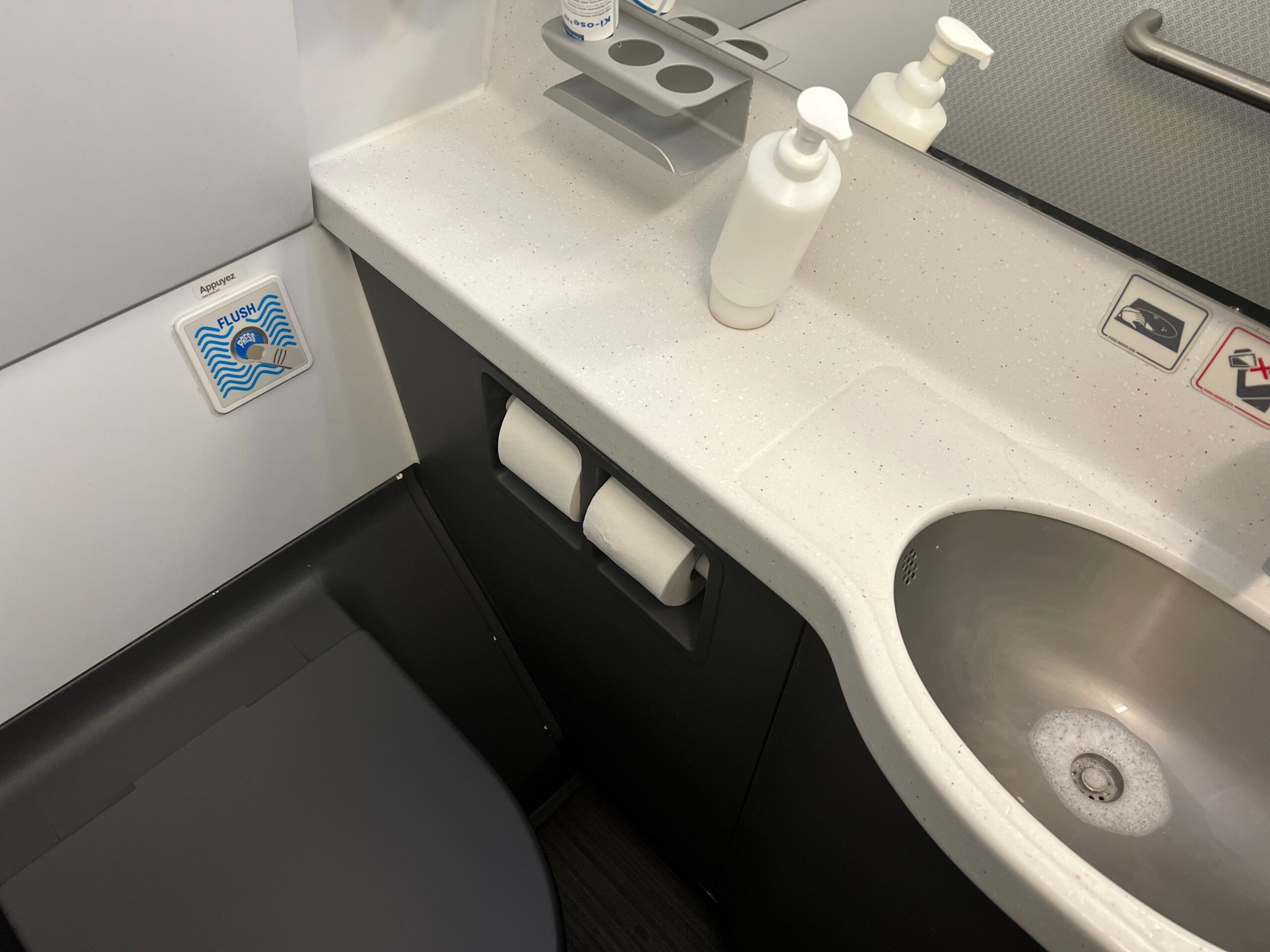Flying on La Compagnie all-business class airline from Paris to New York &mdash; the bathroom.