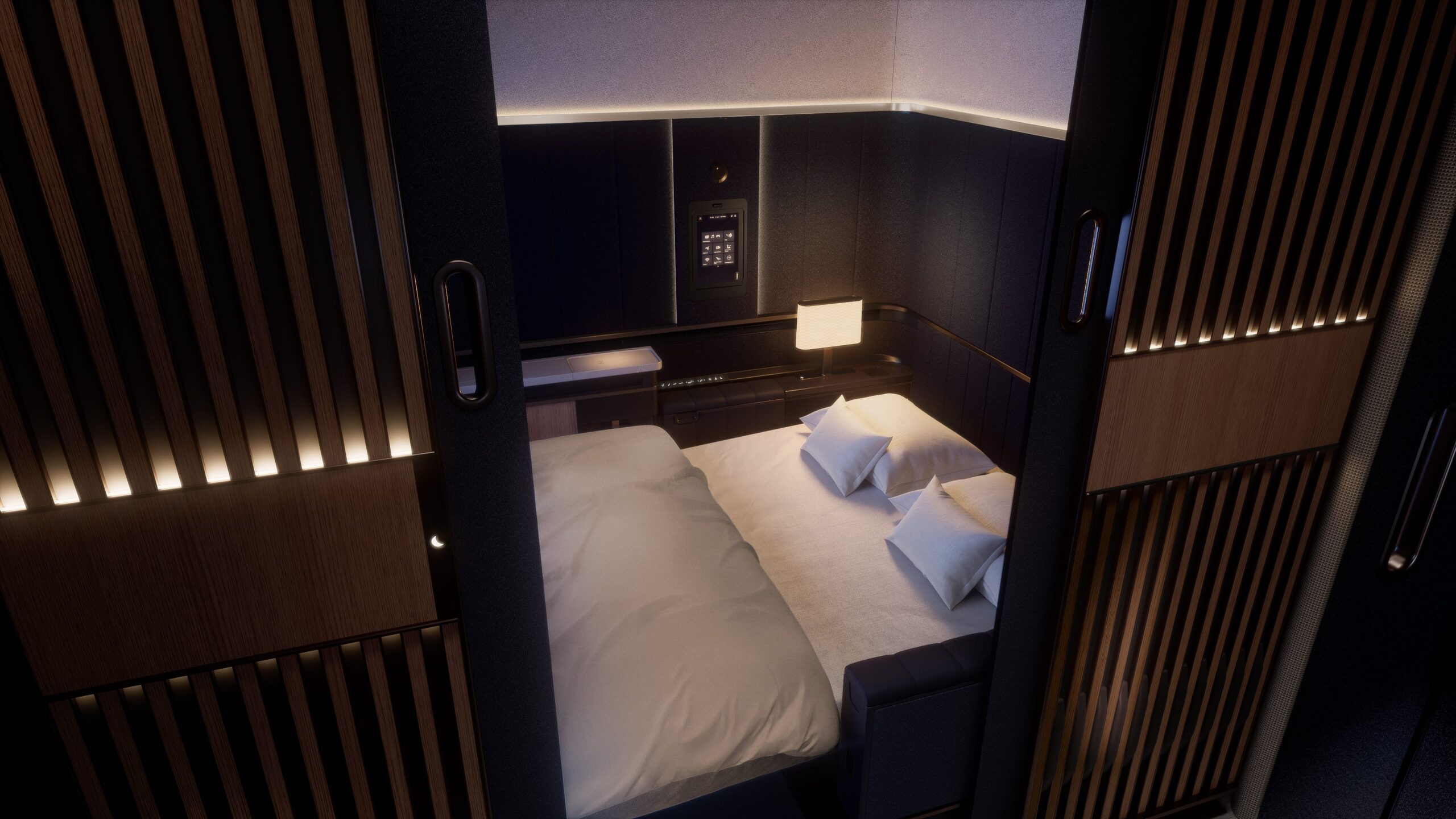 Lufthansa new Allegris first-class suites: Interior photo showing a double bed