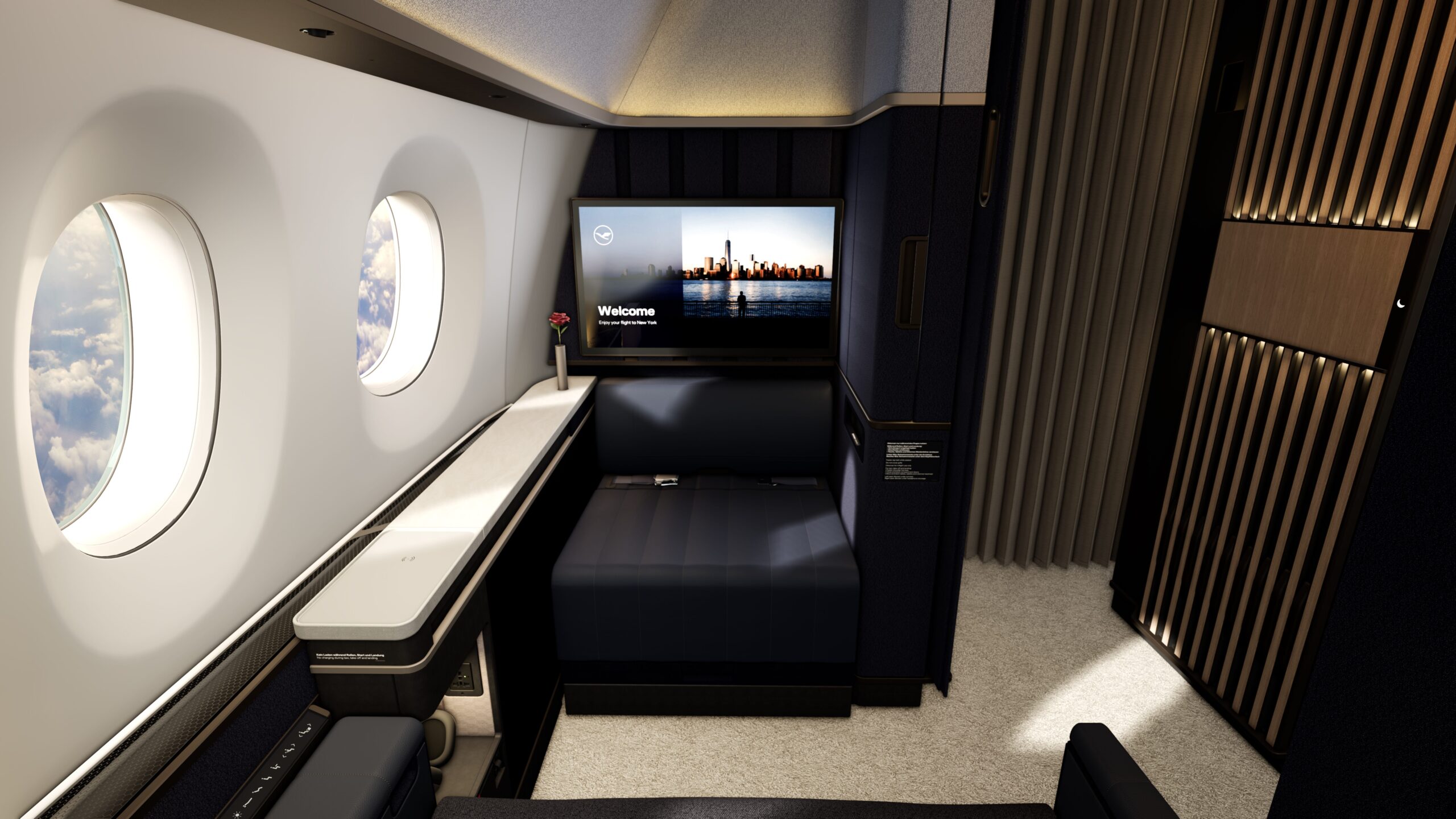 Lufthansa new Allegris first-class suites: Interior photo showing a regular first-class cabin