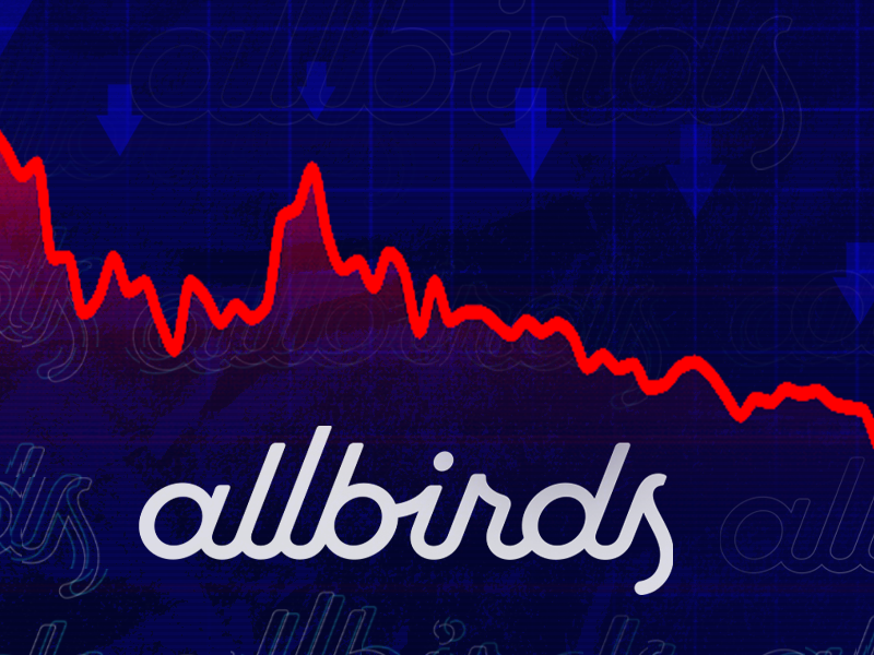 A blue and red collage depicting Allbirds&#39;s drop in stock price over the last six months.