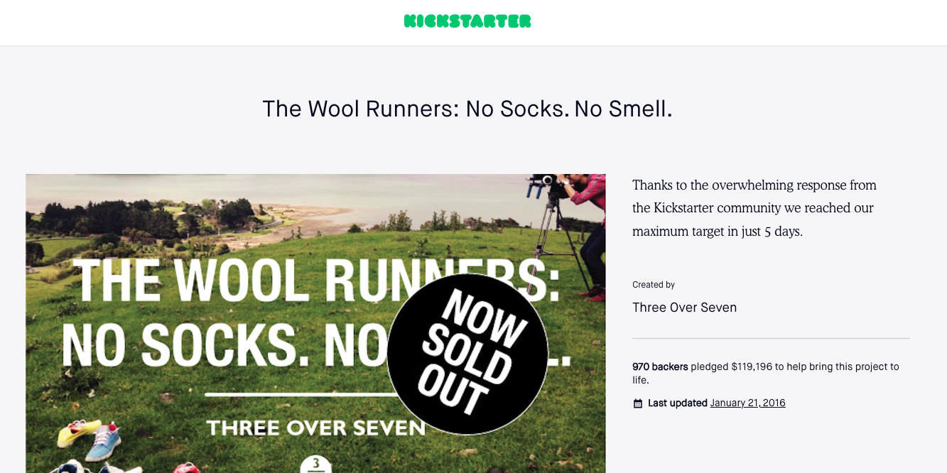 Allbirds&#39; Kickstarter page where a banner has been added to note that their wool runner shoes are now sold out.