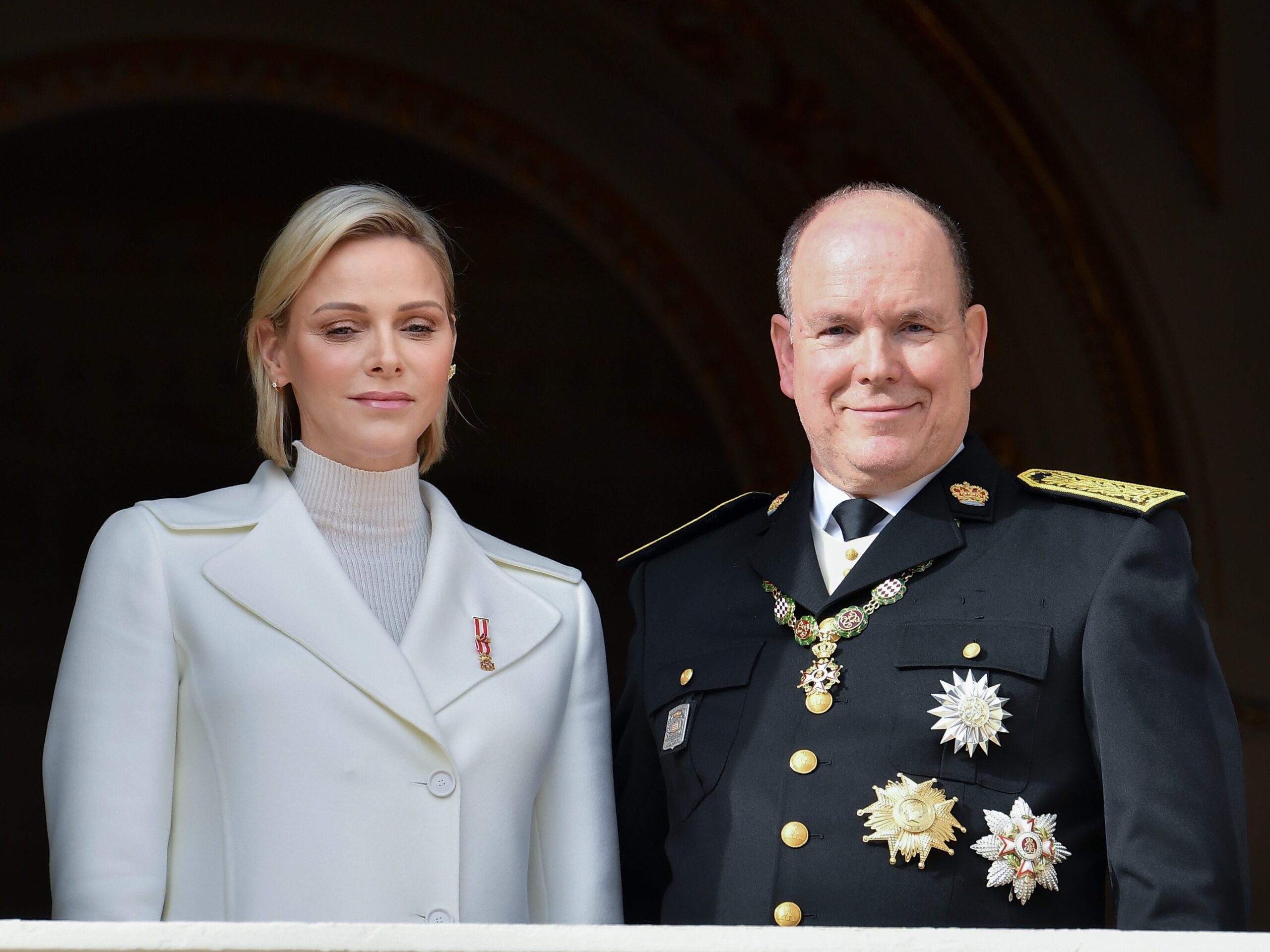 Princess Charlene of Monaco and Prince Albert II of Monaco pose at the Palace balcony during the Monaco National Day Celebrations on November 19, 2019 in Monte-Carlo, Monaco