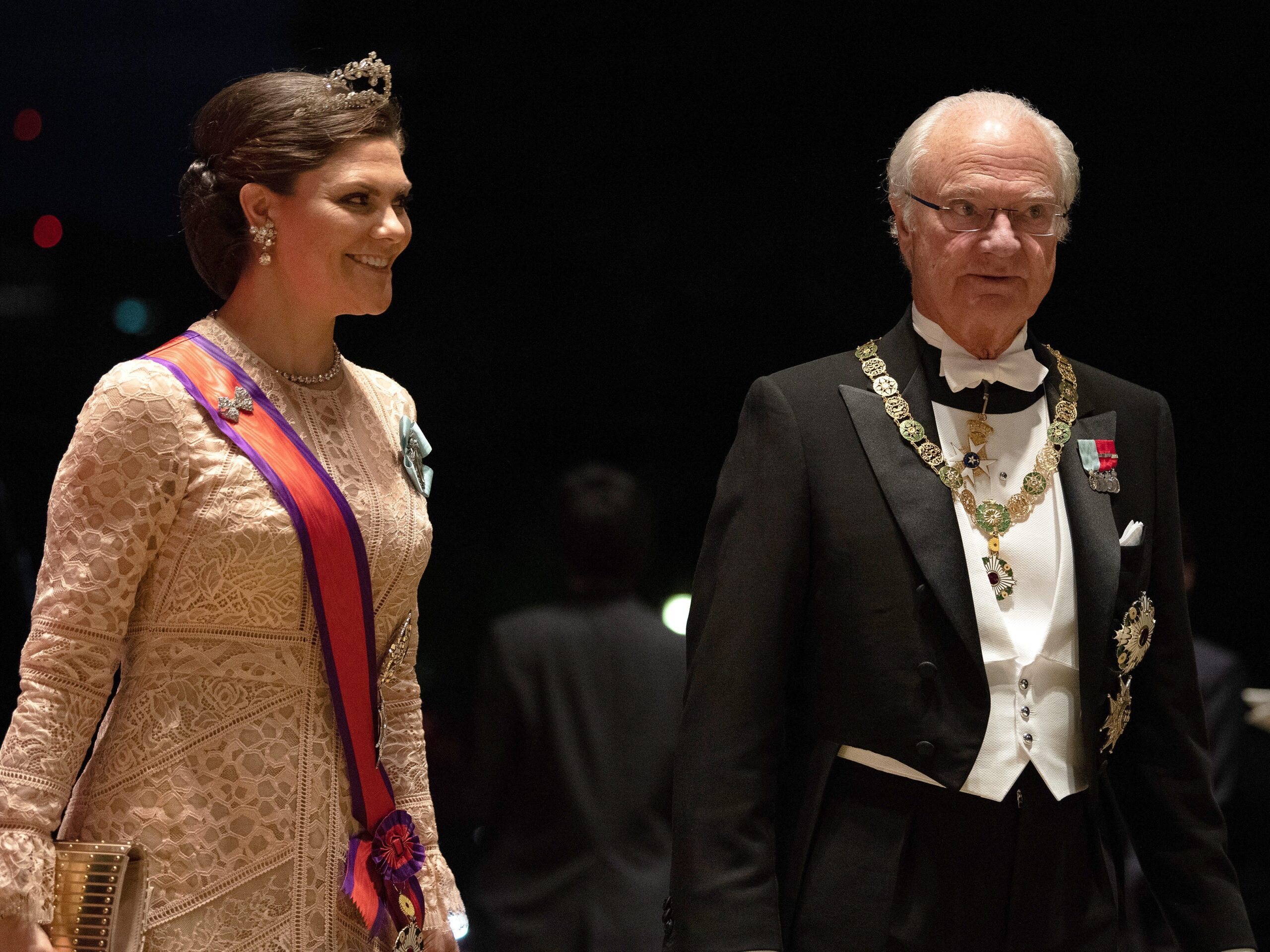 Crown Princess Victoria of Sweden and her father Carl XVI Gustaf of Sweden arrive at the Imperial Palace for the Court Banquets after the Ceremony of the Enthronement of Emperor Naruhito on October 22, 2019 in Tokyo, Japan.