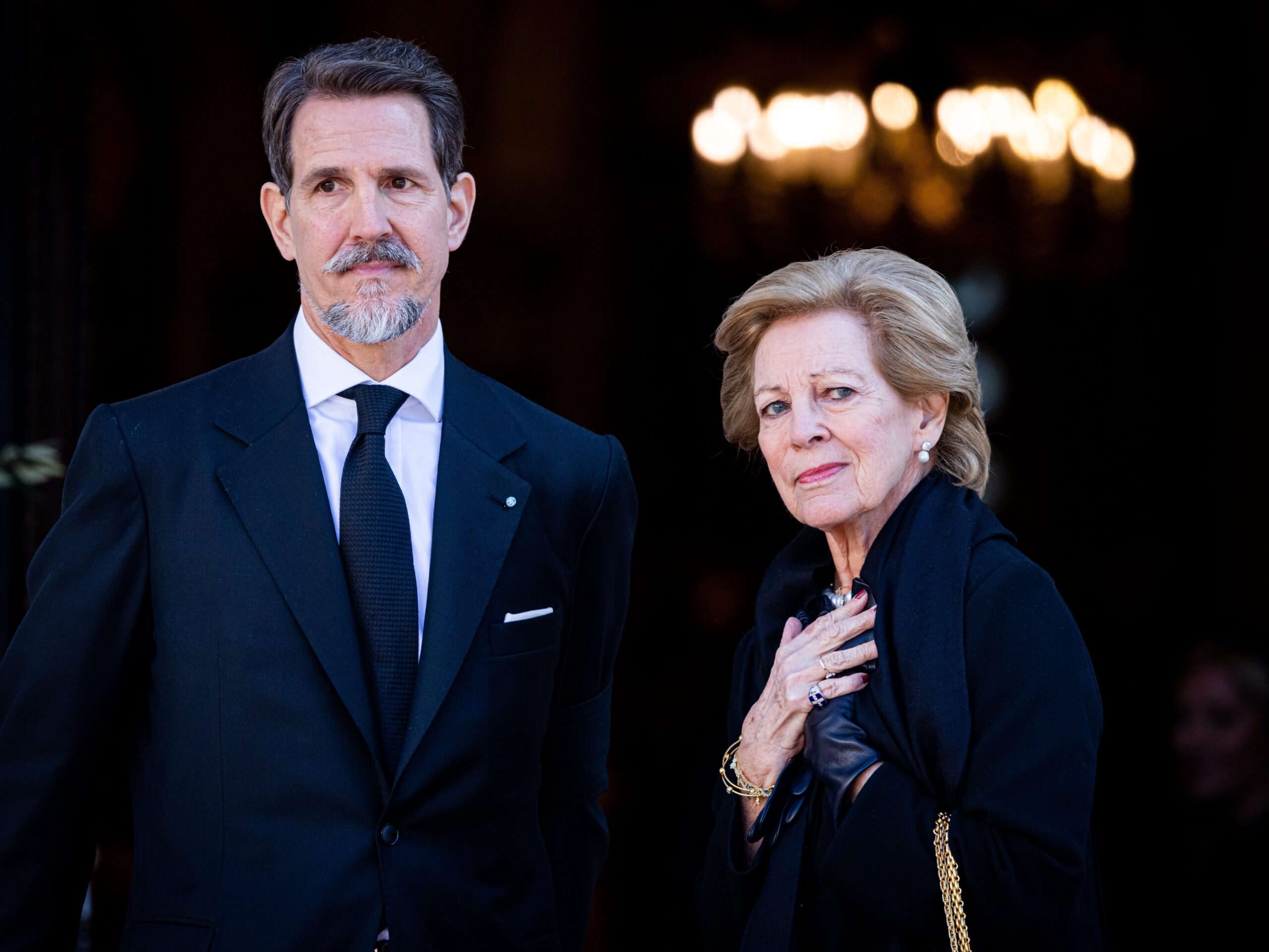 Queen Anne Marie of Greece and Crown Prince Pavlos of Greece attend the funeral of Former King Constantine II of Greece on January 16, 2023 in Athens, Greece.