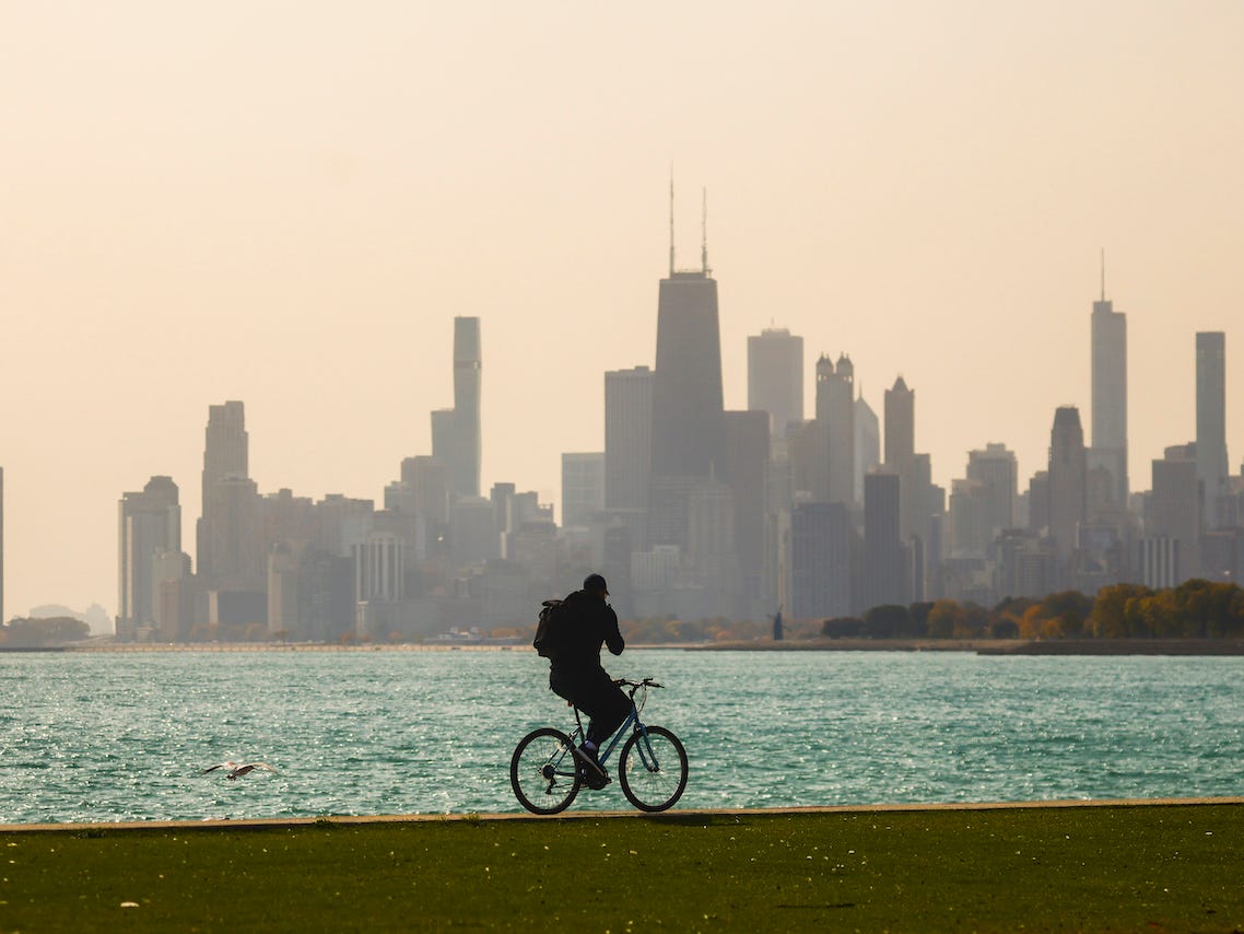 A view from Montrose Harbor over Lake Michigan and Chicago skyline. Chicago, Illinois, United States, on October 14, 2022.