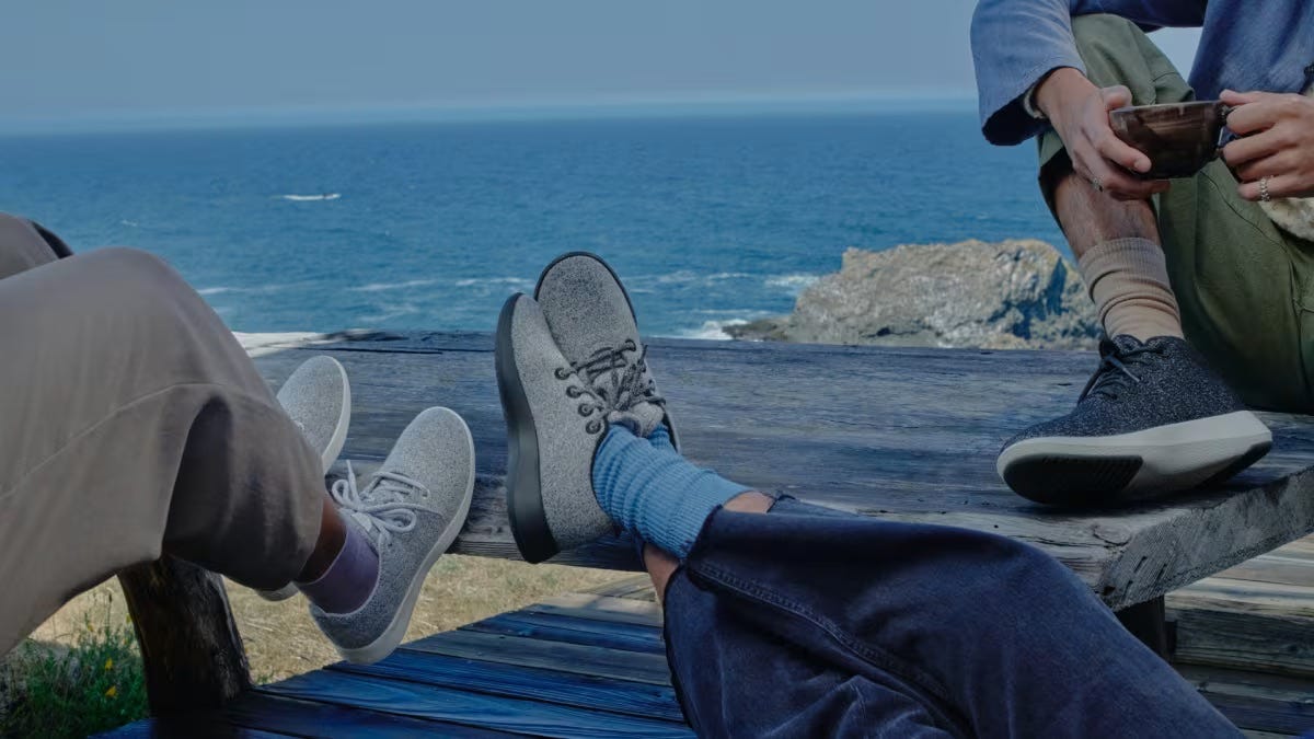 People wearing Allbirds shoes near a body of water.