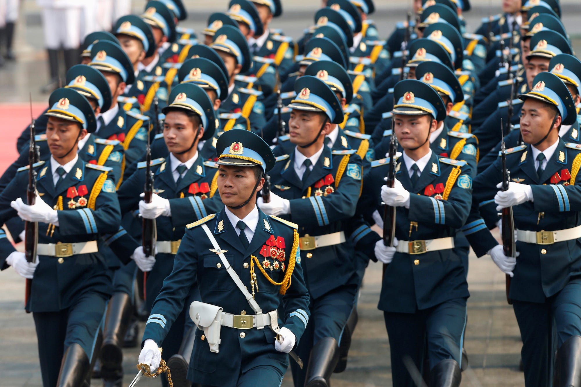 Vietnamese soldiers march during a welcoming ceremony for South Korean President Moon Jae-in at the Presidential Palace in Hanoi, Vietnam in March 2018.