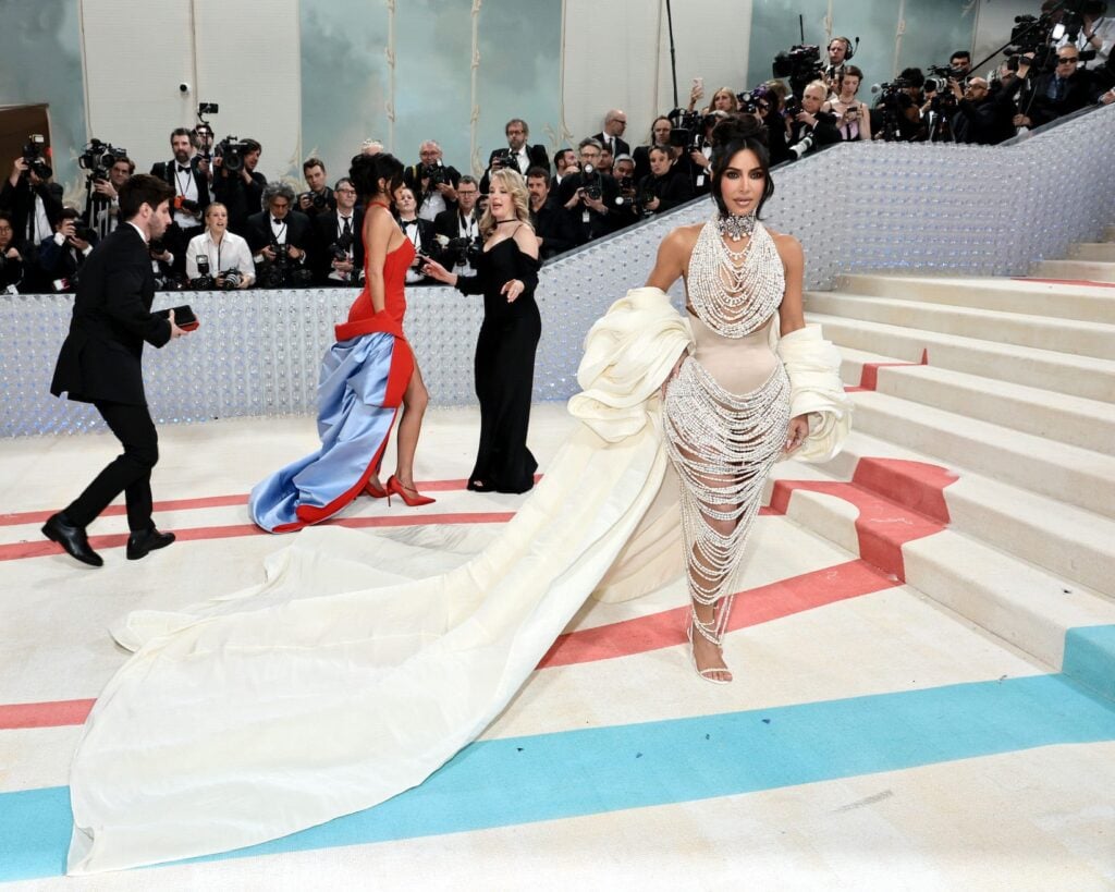 Kim Kardashian returned to the Met Gala dripping in pearls from head to toe