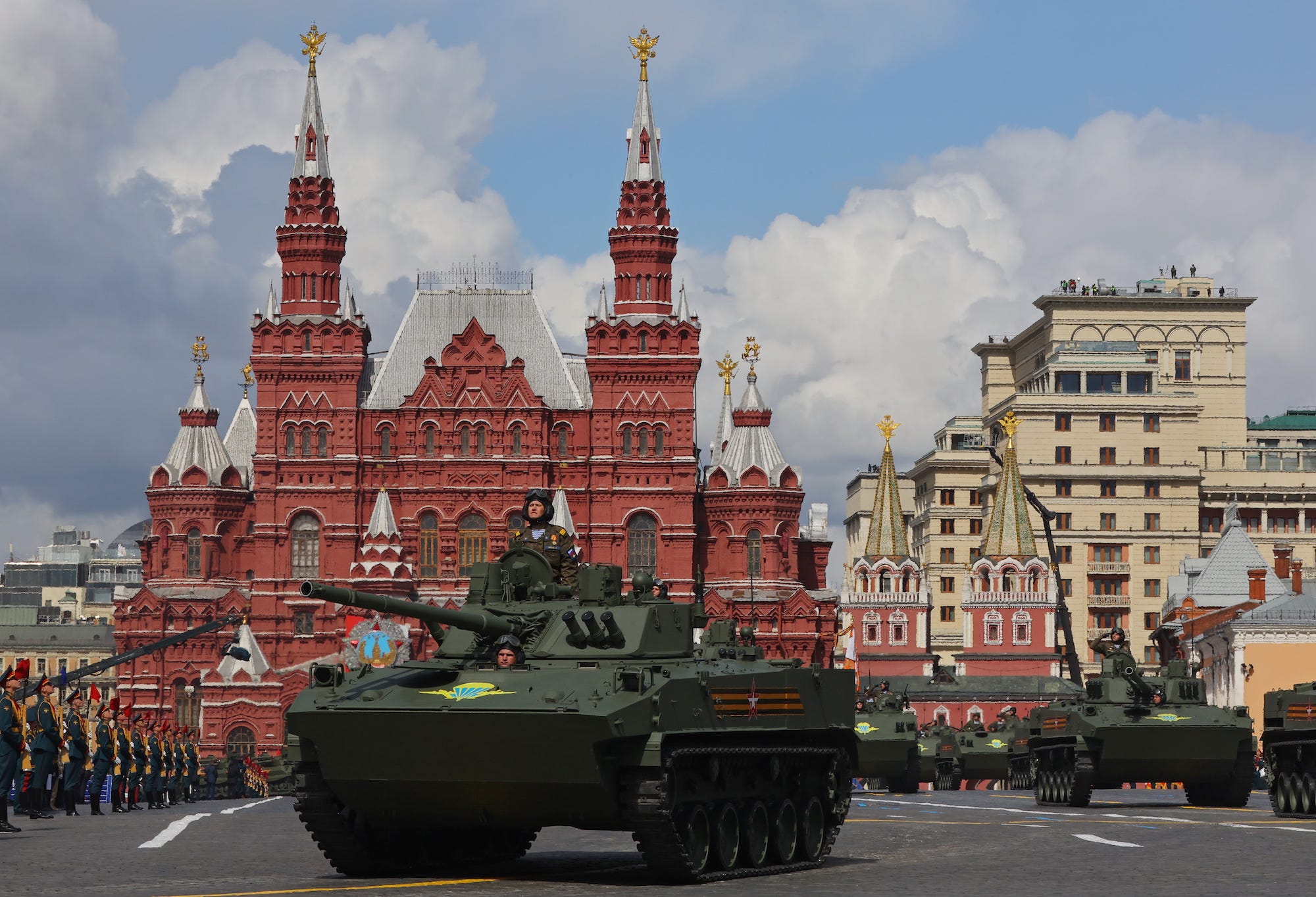 A military parade on Victory Day in Red Square, Moscow, Russia, in May 2022, to mark the 77th anniversary of the victory over Nazi Germany in World War II.