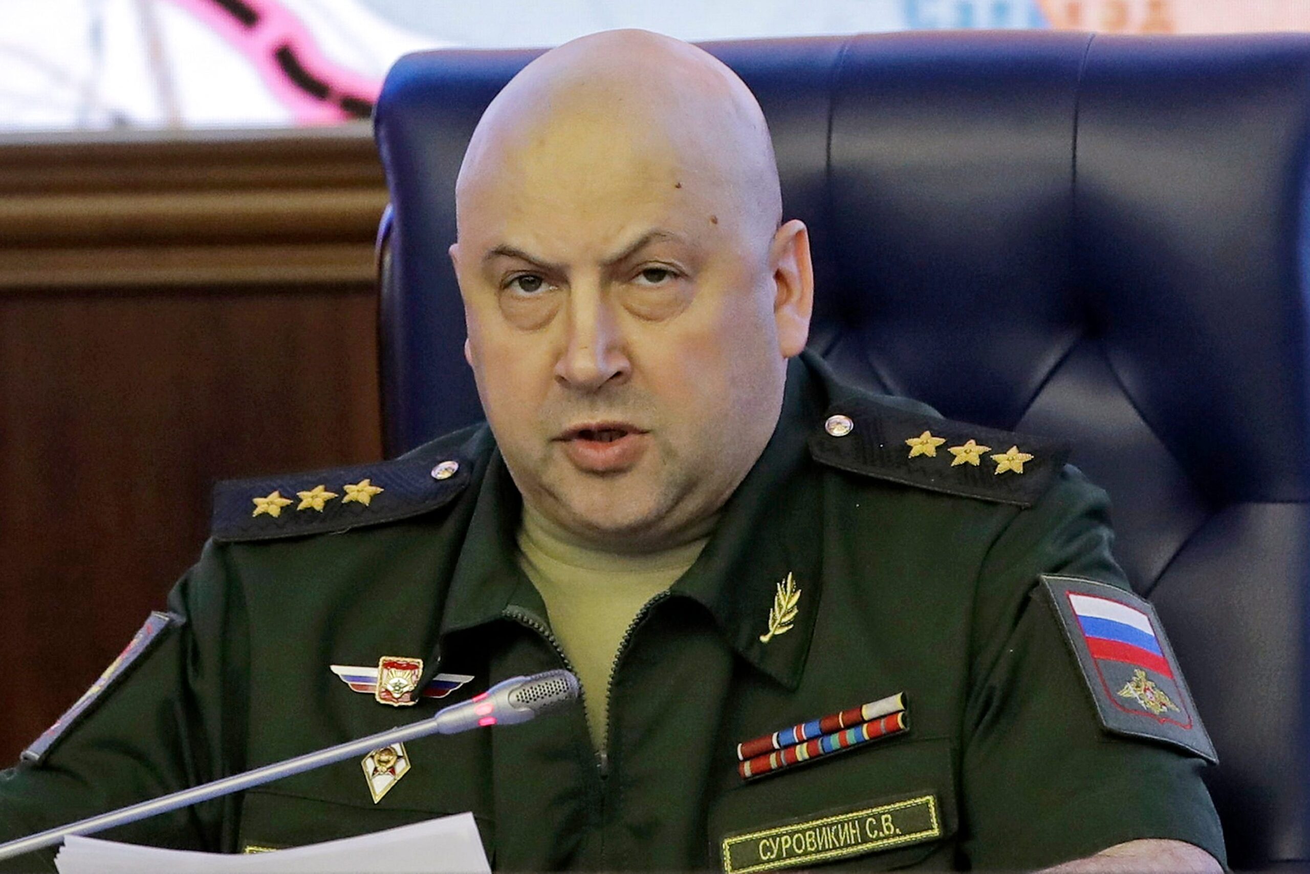 Colonel General Sergei Surovikin, Commander of the Russian forces in Syria, speaks, with a map of Syria projected on the screen in the back, at a briefing in the Russian Defense Ministry in Moscow, Russia, Friday, June 9, 2017. Russia&#39;s Defense Ministry announced that air force chief, Gen. Sergei Surovikin, would be the commander of all Russian troops fighting in Ukraine. The statement marked the first official appointment of a single commander for the entire Russian force in Ukraine.
