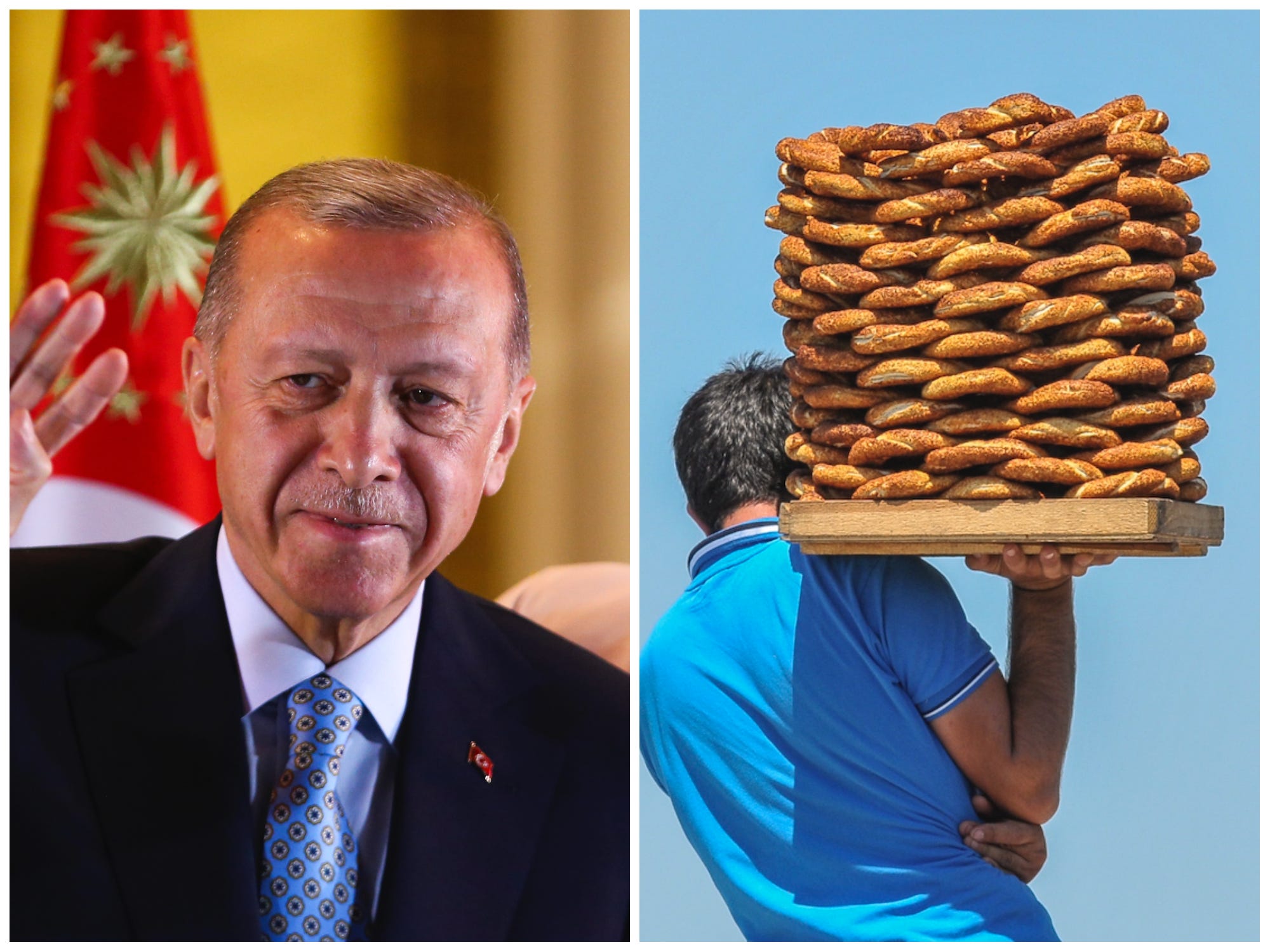 Een zij-aan-zij afbeelding van president Recep Tayyip Erdoğan (links) en een Turkse straatverkoper die een dienblad met simit vast heeft.
