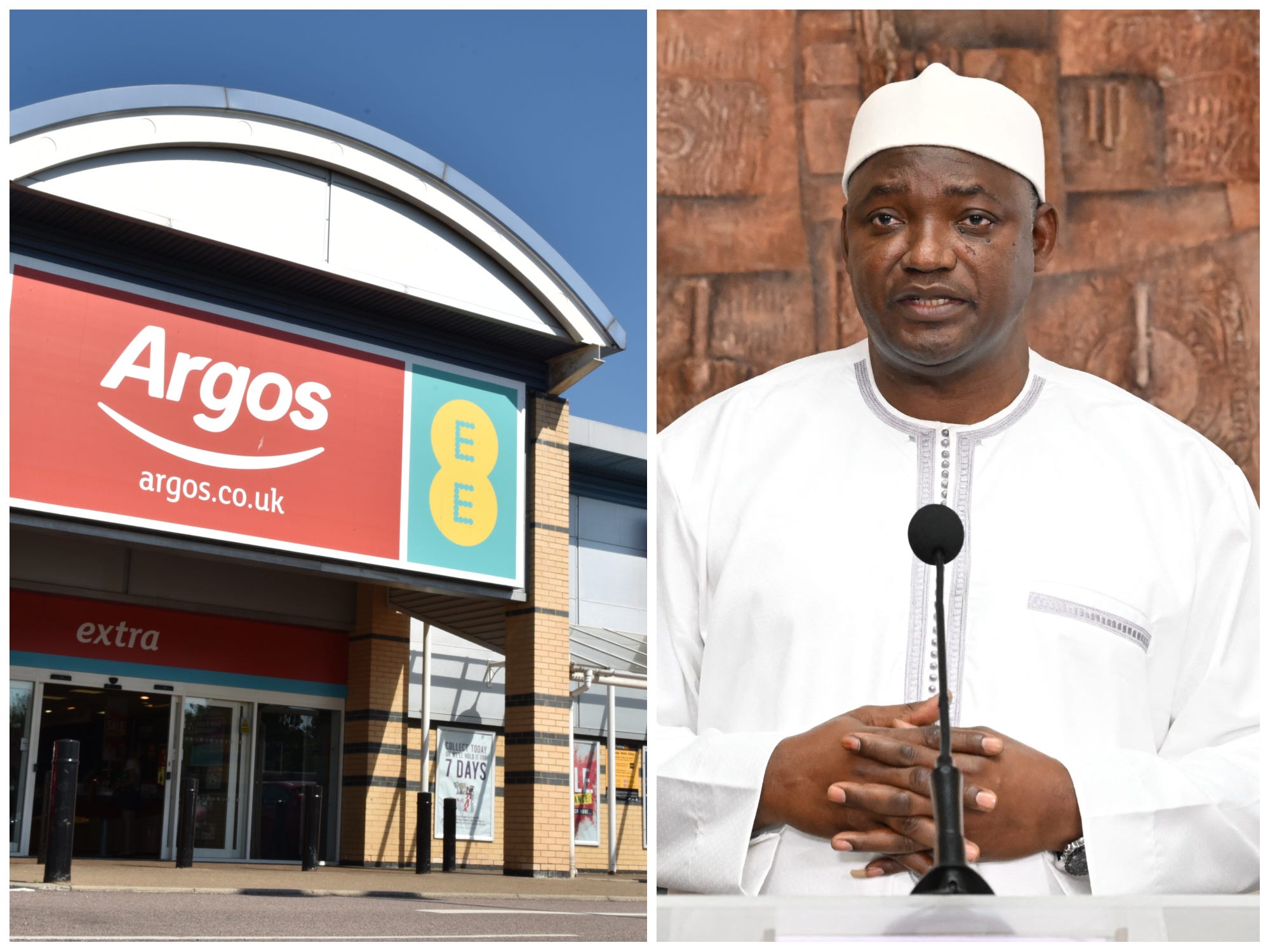 Afbeeldingen van de voorkant van een Argos-winkel in het Verenigd Koninkrijk en president Adama Barrow naast elkaar.