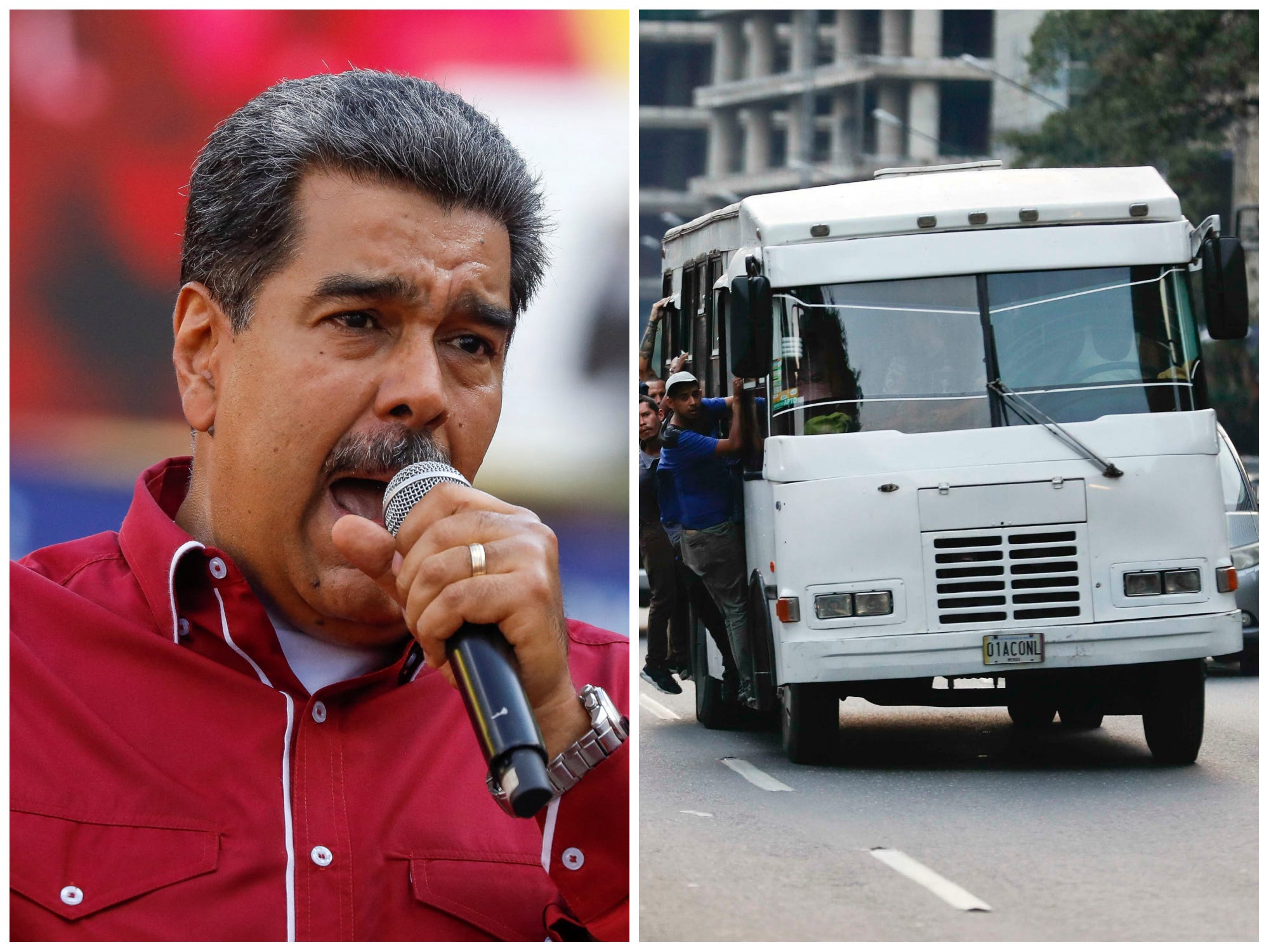 Zij-aan-zij beeld van de Venezolaanse president Nicolas Maduro die in een microfoon spreekt in 2023, en een overvolle witte bus in Caracas in 2019.