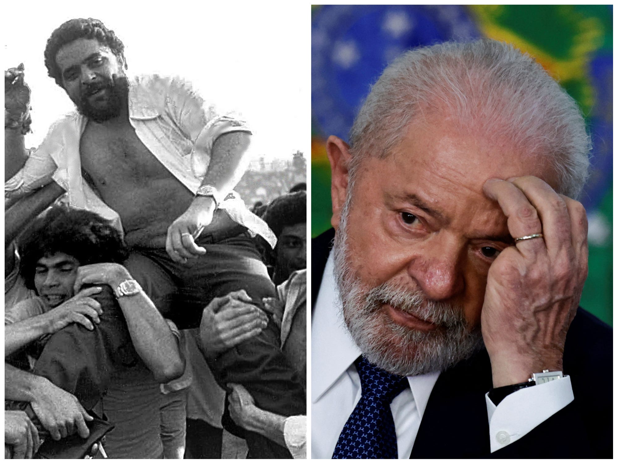 Links, een zwart-wit afbeelding van Luiz Inácio Lula da Silva, beter bekend als Lula, die op de schouders van vakbondsgenoten wordt gehesen in 1979. Rechts, een close-up van hem als president in 2023. Op beide afbeeldingen ontbreekt de pink van zijn linkerhand.